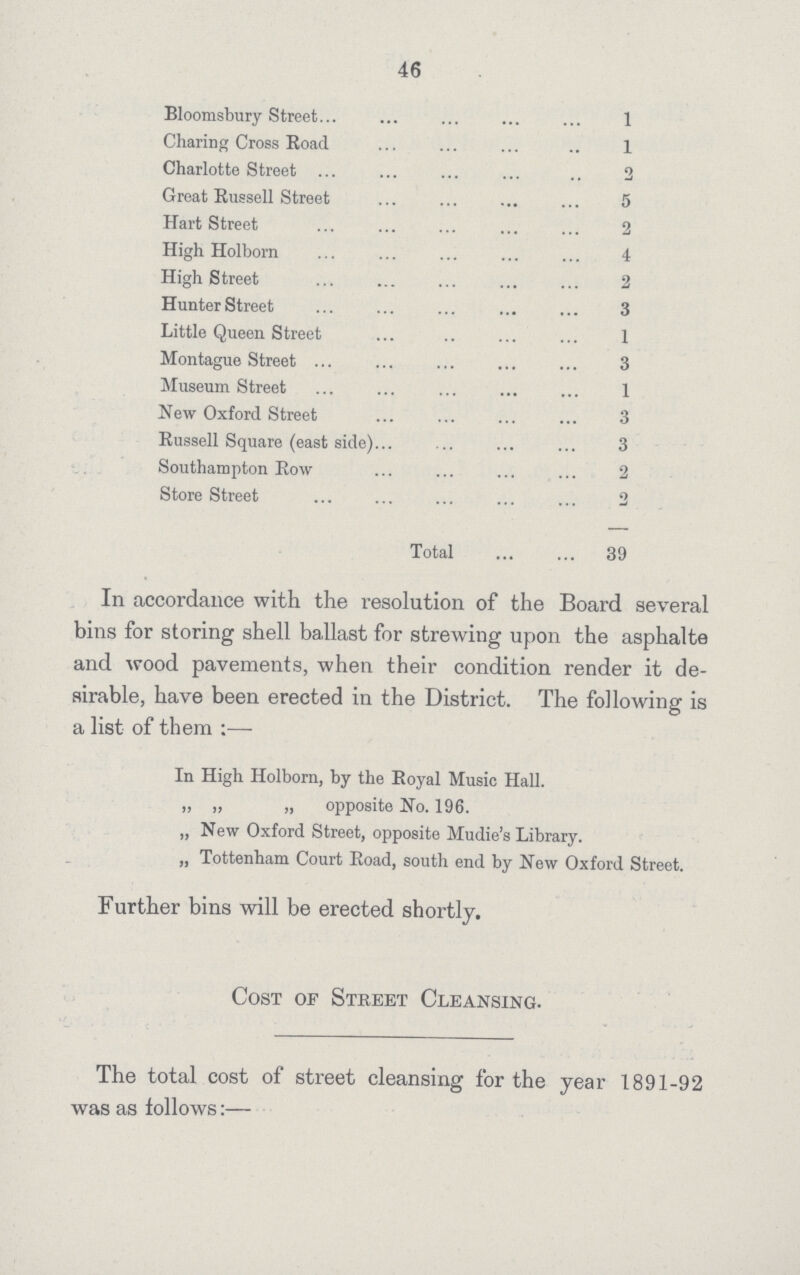 46 Bloomsbury Street 1 Charing Cross Road 1 Charlotte Street 2 Great Russell Street 5 Hart Street 2 High Holborn 4 High Street 2 HunterStreet 3 Little Queen Street 1 Montague Street 3 Museum Street 1 New Oxford Street 3 Russell Square (east side) 3 Southampton Row 2 Store Street 2 Total 39 In accordance with the resolution of the Board several bins for storing shell ballast for strewing upon the asphalte and wood pavements, when their condition render it de sirable, have been erected in the District. The following is a list of them:— In High Holborn, by the Royal Music Hall. „ „ „ opposite No. 196. „ New Oxford Street, opposite Mudie's Library. „ Tottenham Court Road, south end by New Oxford Street. Further bins will be erected shortly. Cost of Street Cleansing. The total cost of street cleansing for the year 1891-92 was as follows:—