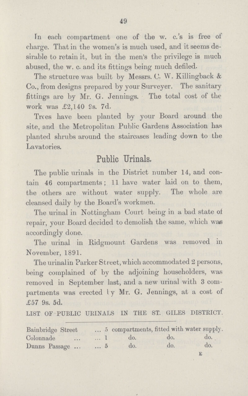 49 In each compartment one of the w. c.'s is free of charge. That in the women's is much used, and it seems de sirable to retain it, but in the men's the privilege is much abused, the w. c. and its fittings being much defiled. The structure was built by Messrs. C. W. Killingback & Co., from designs prepared by your Surveyer. The sanitary fittings are by Mr. G. Jennings. The total cost of the work was £2,140 2s. 7d. Trees have been planted by your Board around the site, and the Metropolitan Public Gardens Association has planted shrubs around the staircases leading down to the Lavatories. Public Urinals. The public urinals in the District number 14, and con tain 46 compartments; 11 have water laid on to them, the others are without water supply. The whole are cleansed daily by the Board's workmen. The urinal in Nottingham Court being in a bad state of repair, your Board decided to demolish the same, which was accordingly done. The urinal in Bidgmount Gardens was removed in November, 1891. The urinalin Parker Street, which accommodated 2 persons, being complained of by the adjoining householders, was removed in September last, and a new urinal with 3 com partments was erected by Mr. G. Jennings, at a cost of £57 9s. 5d. LIST OF PUBLIC URINALS IN THE ST. GILES DISTRICT. Bainbridge Street 5 compartments, fitted with water supply. Colonnade 1 do. do. do. Dunns Passage 5 do. do. do. e
