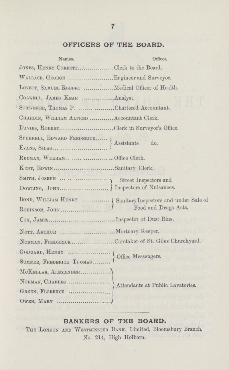7 OFFICERS OF THE BOARD. Names. Offices. Jones, Henry Corbett Clerk to the Board. Wallace, George Engineer and Surveyor. Lovett. Samuel Robert Medical Officer of Health. Colwell, James Kear Analyst. Scrivener, Thomas P Chartered Accountant. Chardin, William Alfred Accountant Clerk. Davies, Robert Clerk in Surveyor's Office. Spurrell, Edward Frederick Assistants do. Evans, Silas Redman, William Office Clerk. Kent, Edwin Sanitary Clerk. Smith, Joseph Street Inspectors and Dowling, John Inspectors of Nuisances. Bond, William Henry Sanitary Inspectors and under Sale of Robinson, John Food and Drugs Acts. Cox, James Inspector of Dust Bins. Nott, Arthur Mortuary Keeper. Norman, Frederick Caretaker of St. Giles Churchyard. Goddard, Henry Office Messengers. Sumner, Frederick Teomas McKellar, Alexander Norman, Charles Attendants at Public Lavatories. Green, Florence Owen, Mary BANKERS OF THE BOARD. The London and Westminster Bank, Limited, Bloomsbury Branch, No. 214, High Holborn.