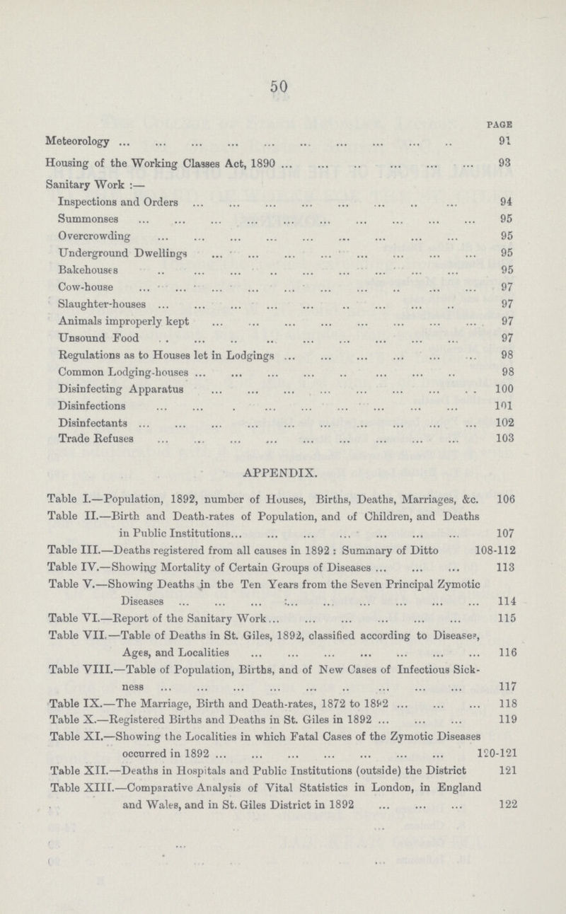 50 PAGE Meteorology 91 Housing of the Working Classes Act, 1890 93 Sanitary Work:— Inspections and Orders 94 Summonses 95 Overcrowding 95 Underground Dwellings 95 Bakehouses 95 Cow-house 97 Slaughter-houses 97 Animals improperly kept 97 Unsound Food 97 Regulations as to Houses let in Lodgings 98 Common Lodging-houses 98 Disinfecting Apparatus 100 Disinfections 101 Disinfectants 102 Trade Refuses 103 APPENDIX. Table I.—Population, 1892, number of Houses, Births, Deaths, Marriages, &c. 106 Table II.—Birth and Death-rates of Population, and of Children, and Deaths in Public Institutions 107 Table III.—Deaths registered from all causes in 1892 : Summary of Ditto 108-112 Table IV.—Showing Mortality of Certain Groups of Diseases 113 Table V.—Showing Deaths in the Ten Years from the Seven Principal Zymotic Diseases 114 Table VI.—Report of the Sanitary Work 115 Table VII,—Table of Deaths in St. Giles, 1892, classified according to Diseases, Ages, and Localities 116 Table VIII.—Table of Population, Births, and of New Cases of Infectious Sick ness 117 Table IX.—The Marriage, Birth and Death-rates, 1872 to 1892 118 Table X.—Registered Births and Deaths in St. Giles in 1892 119 Table XI.—Showing the Localities in which Fatal Cases of the Zymotic Diseases occurred in 1892 120-121 Table XII.—Deaths in Hospitals and Public Institutions (outside) the District 121 Table XIII.—Comparative Analysis of Vital Statistics in London, in England and Wales, and in St. Giles District in 1892 122