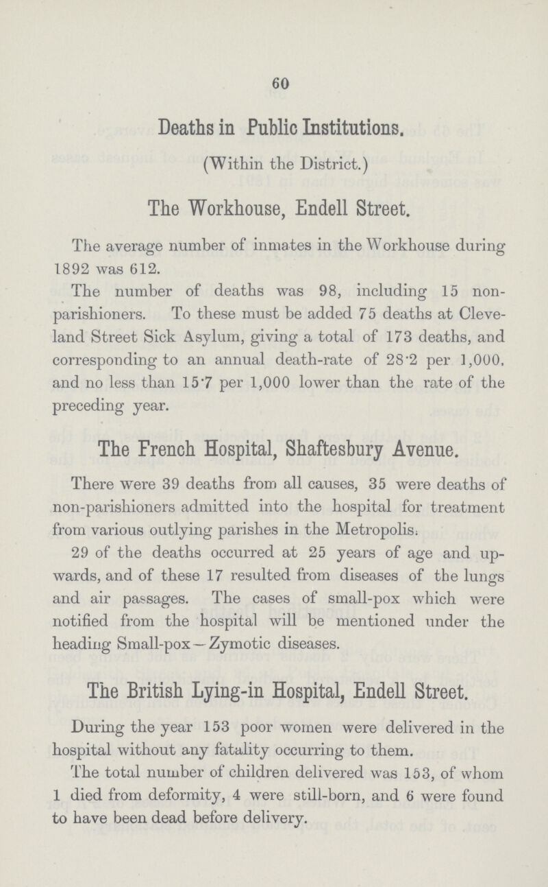 60 Deaths in Public Institutions. (Within the District.) The Workhouse, Endell Street. The average number of inmates in the Workhouse during 1892 was 612. The number of deaths was 98, including 15 non parishioners. To these must be added 75 deaths at Cleve land Street Sick Asylum, giving a total of 173 deaths, and corresponding to an annual death-rate of 28.2 per 1,000, and no less than 15.7 per 1,000 lower than the rate of the preceding year. The French Hospital, Shaftesbury Avenue. There were 39 deaths from all causes, 35 were deaths of non-parishioners admitted into the hospital for treatment from various outlying parishes in the Metropolis; 29 of the deaths occurred at 25 years of age and up wards, and of these 17 resulted from diseases of the lungs and air passages. The cases of small-pox which were notified from the hospital will be mentioned under the heading Small-pox — Zymotic diseases. The British Lying-in Hospital, Endell Street. During the year 153 poor women were delivered in the hospital without any fatality occurring to them. The total number of children delivered was 153, of whom 1 died from deformity, 4 were still-born, and 6 were found to have been dead before delivery.