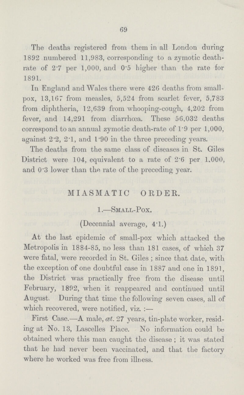 69 The deaths registered from them in all London during 1892 numbered 11,983, corresponding to a zymotic death rate of 2.7 per 1,000, and 0'5 higher than the rate for 1891. In England and Wales there were 426 deaths from small pox, 13,167 from measles, 5,524 from scarlet fever, 5,783 from diphtheria, 12,639 from whooping-cough, 4,202 from fever, and 14,291 from diarrhoea. These 56,032 deaths correspond to an annual zymotic death-rate of 1.9 per 1,000, against 2.2, 2.1, and 1.90 in the three preceding years. The deaths from the same class of diseases in St. Giles District were 104, equivalent to a rate of 2.6 per 1.000, and 0.3 lower than the rate of the preceding year. MIASMATIC ORDER. 1.—Small-Pox. (Decennial average, 4.1.) At the last epidemic of small-pox which attacked the Metropolis in 1884-85, no less than 181 cases, of which 37 were fatal, were recorded in St. Giles; since that date, with the exception of one doubtful case in 1887 and one in 1891, the District was practically free from the disease until February, 1892, when it reappeared and continued until August. During that time the following seven cases, all of which recovered, were notified, viz.:— First Case.—A male, œt. 27 years, tin-plate worker, resid ing at No. 13, Lascelles Place. No information could be obtained where this man caught the disease; it was stated that he had never been vaccinated, and that the factory where he worked was free from illness.