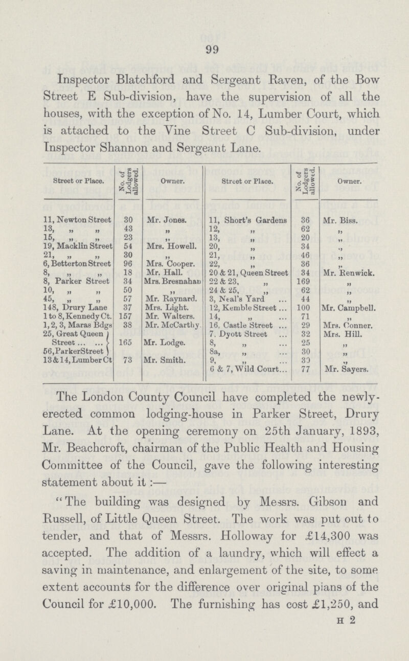 99 Inspector Blatchford and Sergeant Raven, of the Bow Street E Sub-division, have the supervision of all the houses, with the exception of No. 14, Lumber Court, which is attached to the Vine Street C Sub-division, under Inspector Shannon and Sergeant Lane. Street or Place. No. of Lodgers allowed. Owner. Street or Place. No. of Lodgers allowed. Owner. 11, Newton Street 30 Mr. Jones. 11, Short's Gardens 36 Mr. Biss. 13, „ „ 43 „ 12, „ 62 „ 15, „ „ 23 „ 13, „ 20 „ 19, Macklin Street 54 Mrs. Howell. 20, „ 34 „ 21, ,, ,, 30 ,, 21, ,, 46 ,, 6, Betterton Street 96 Mrs. Cooper. 22, ,, 36 ,, 8, ,, ,, 18 Mr. Hall. 20 & 21, Queen Street 34 Mr. Renwick. 8, Parker Street 34 Mrs. Bresnahau 22 & 23, „ 169 ,, 10, „ ,, 50 ,, 24 & 25, ,, 62 ,, 45, „ ,, 57 Mr. Raynard. 3, Neal's Yard 44 ,, 148, Drury Lane 37 Mrs. Light. 12, Kemble Street 100 Mr. Campbell. 1 to 8, Kennedy Ct. 157 Mr. Walters. 14, ,, 71 ,, 1,2, 3, Maras Bdgs 25, Great Queen 38 Mr. McCarthy. 16, Castle Street 29 Mrs. Conner. 7. Dyott Street 32 Mrs. Hill. Street 56,ParkerStreet ) 165 Mr. Lodge. 8, „ 25 ,, 8a, ,, 30 ,, 13&14, Lumber Ct 73 Mr. Smith. 9, ,, 30 ,, 0 & 7, Wild Court... 77 Mr. Sayers. lhe London County Council have completed the newly erected common lodging-house in Parker Street, Drury Lane. At the opening ceremony on 25th January, 1893, Mr. Beachcroft, chairman of the Public Health and Housing Committee of the Council, gave the following interesting statement about it :—  The building was designed by Messrs. Gibson and Russell, of Little Queen Street. The work was put out to tender, and that of Messrs. Holloway for £14,300 was accepted. The addition of a laundry, which will effect a saving in maintenance, and enlargement of the site, to some extent accounts for the difference over original pians of the Council for £10,000. The furnishing has cost £1,250, and h 2