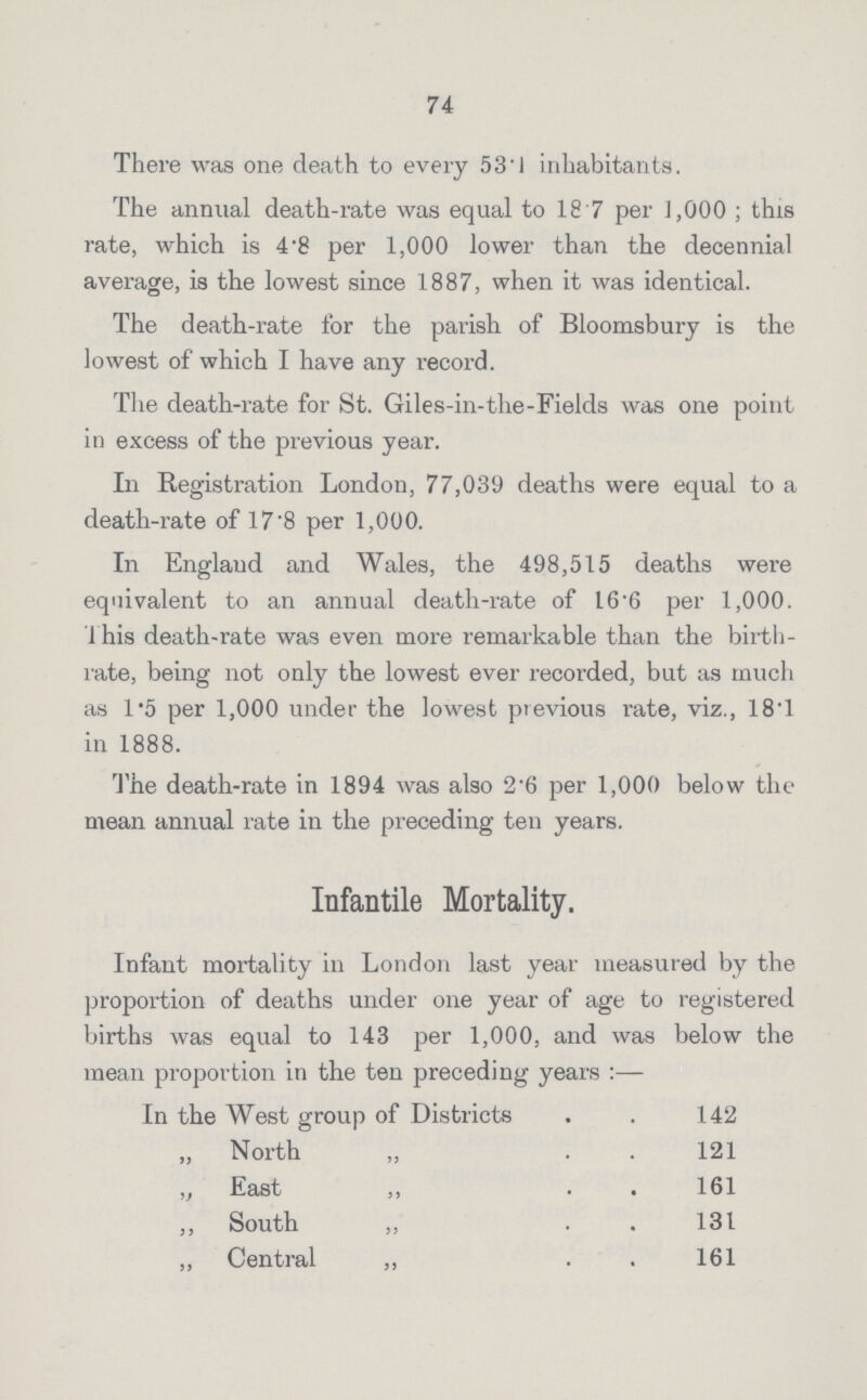 74 There was one death to every 53.1 inhabitants. The annual death-rate was equal to 18.7 per 1,000 ; this rate, which is 4.8 per 1,000 lower than the decennial average, is the lowest since 1887, when it was identical. The death-rate for the parish of Bloomsbury is the lowest of which I have any record. The death-rate for St. Giles-in-the-Fields was one point in excess of the previous year. In Registration London, 77,039 deaths were equal to a death-rate of 17.8 per 1,000. In England and Wales, the 498,515 deaths were equivalent to an annual death-rate of 16.6 per 1,000. This death-rate was even more remarkable than the birth rate, being not only the lowest ever recorded, but as much as 1.5 per 1,000 under the lowest previous rate, viz., 18T in 1888. The death-rate in 1894 was also 2.6 per 1,000 below the mean annual rate in the preceding ten years. Infant mortality in London last year measured by the proportion of deaths under one year of age to registered births was equal to 143 per 1,000, and was below the mean proportion in the ten preceding years:— In the West group of Districts 142 „ North „ 121 „ East „ 161 „ South „ 131 „ Central „ 161 Infantile Mortality.