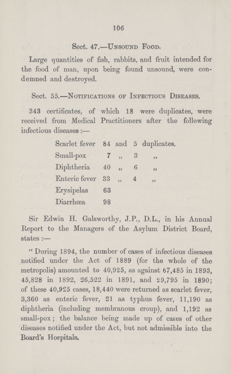 106 Sect. 47.—Unsound Food. Large quantities of fish, rabbits, and fruit intended for the food of man, upon being found unsound, were con demned and destroyed. Sect. 55.—Notifications of Infectious Diseases. 343 certificates, of which 18 were duplicates, were received from Medical Practitioners after the following infectious diseases:— Scarlet fever 84 and 5 duplicates. Small-pox 7 „ 3 ,, Diphtheria 40 „ 6 „ Enteric fever 33 ,, 4 ,, Erysipelas 63 Diarrhoea 98 Sir Edwin H. Galsworthy, J.P., D.L., in his Annual Report to the Managers of the Asylum District Board, states :—  During 1894, the number of cases of infectious diseases notified under the Act of 1889 (for the whole of the metropolis) amounted to 40,925, as against 67,485 in 1893, 45,828 in 1892, 26,522 in 1891, and 29,795 in 1890; of these 40,925 cases, 18,440 were returned as scarlet fever, 3,360 as enteric fever, 21 as typhus fever, 11,190 as diphtheria (including membranous croup), and 1,192 as small-pox; the balance being made up of cases of other diseases notified under the Act. but not admissible into the Board's Hospitals.