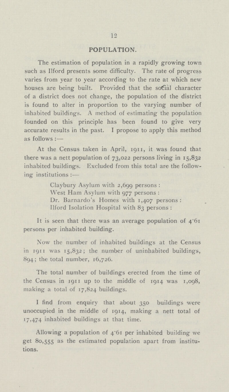 12 POPULATION. The estimation of population in a rapidly growing town such as Ilford presents some difficulty. The rate of progress varies from year to year according to the rate at which new houses are being built. Provided that the social character of a district does not change, the population of the district is found to alter in proportion to the varying number of inhabited buildings. A method of estimating the population founded on this principle has been found to give very accurate results in the past. I propose to apply this method as follows:— At the Census taken in April, 1911, it was found that there was a nett population of 73,022 persons living in 15,832 inhabited buildings. Excluded from this total are the follow ing institutions:— Claybury Asylum with 2,699 persons : West Ham Asylum with 977 persons : Dr. Barnardo's Homes with 1,407 persons : Ilford Isolation Hospital with 83 persons : It is seen that there was an average population of 4.61 persons per inhabited building. Now the number of inhabited buildings at the Census in 1911 was 15,832; the number of uninhabited buildings, 894; the total number, 16,726. The total number of buildings erected from the time of the Census in 1911 up to the middle of 1914 was 1,098, making a total of 17,824 buildings. I find from enquiry that about 350 buildings were unoccupied in the middle of 1914, making a nett total of 17,474 inhabited buildings at that time. Allowing a population of 4.61 per inhabited building we get 80,555 as estimated population apart from institu tions.