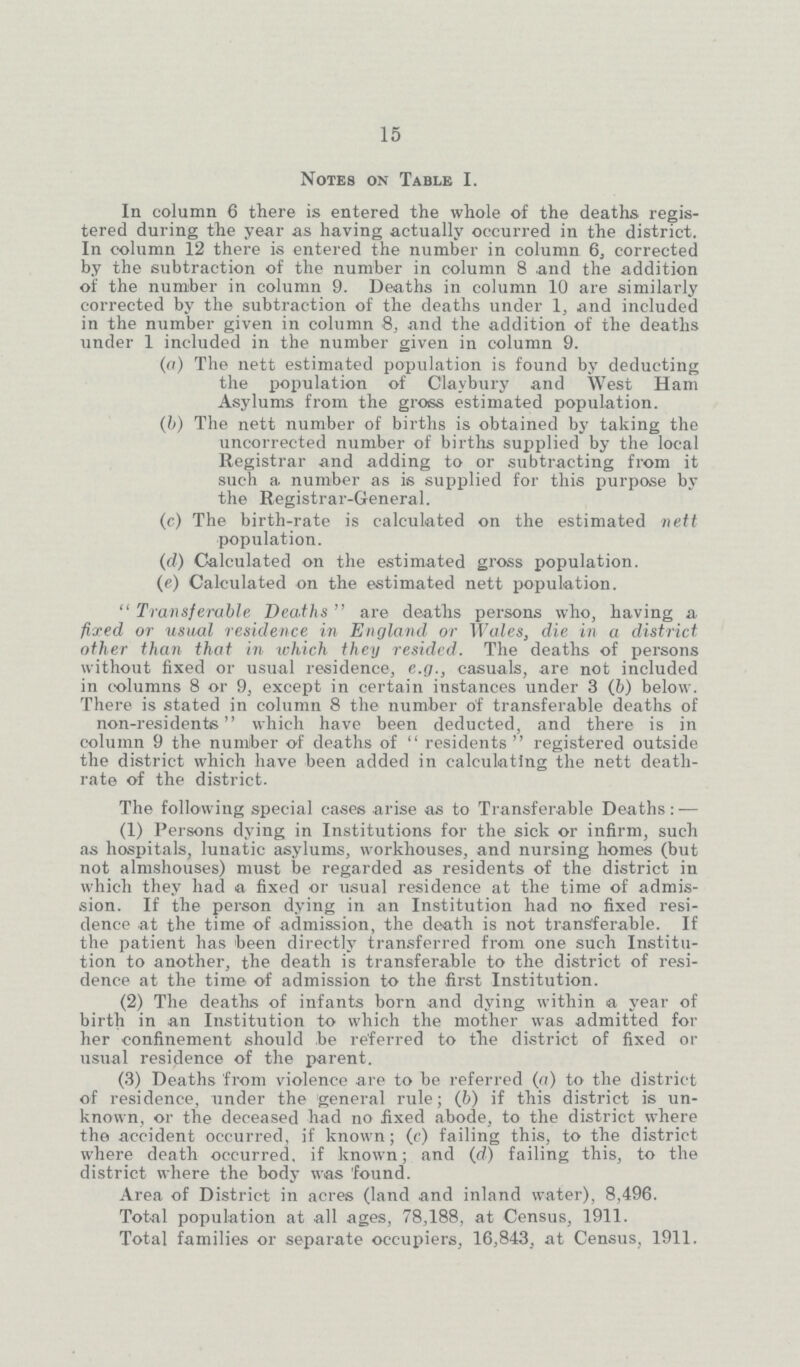 15 Notes on Table I. In column 6 there is entered the whole of the deaths regis tered during the year as having actually occurred in the district. In column 12 there is entered the number in column 6, corrected by the subtraction of the number in column 8 and the addition of the number in column 9. Deaths in column 10 are similarly corrected by the subtraction of the deaths under 1, and included in the number given in column 8, and the addition of the deaths under 1 included in the number given in column 9. (a) The nett estimated population is found by deducting the population of Claybury and West Ham Asylums from the gross estimated population. (b) The nett number of births is obtained by taking the uncorrected number of births supplied by the local Registrar and adding to or subtracting from it such a number as is supplied for this purpose by the Registrar-General. (c) The birth-rate is calculated on the estimated nett population. (d) Calculated on the estimated gross population. (e) Calculated on the estimated nett population. Transferable Deaths are deaths persons who, having a fixed or usual residence in England or Wales, die in a district other than that in which they resided. The deaths of persons without fixed or usual residence, e.g., casuals, are not included in columns 8 or 9, except in certain instances under 3 (b) below. There is stated in column 8 the number of transferable deaths of non-residents which have been deducted, and there is in column 9 the number of deaths of residents registered outside the district which have been added in calculating the nett death rate of the district. The following special cases arise as to Transferable Deaths: — (1) Persons dying in Institutions for the sick or infirm, such as hospitals, lunatic asylums, workhouses, and nursing homes (but not almshouses) must be regarded as residents of the district in which they had a fixed or usual residence at the time of admis sion. If the person dying in an Institution had no fixed resi dence at the time of admission, the death is not transferable. If the patient has been directly transferred from one such Institu tion to another, the death is transferable to the district of resi dence at the time of admission to the first Institution. (2) The deaths of infants born and dying within a year of birth in an Institution to which the mother was admitted for her confinement should be referred to the district of fixed or usual resilience of the parent. (3) Deaths from violence are to be referred (a) to the district of residence, under the general rule; (b) if this district is un known, or the deceased had no fixed abode, to the district where the accident occurred, if known; (c) failing this, to the district where death occurred, if known; and (d) failing this, to the district where the body was 'found. Area of District in acres (land and inland water), 8,496. Total population at all ages, 78,188, at Census, 1911. Total families or separate occupiers, 16,843, at Census, 1911.