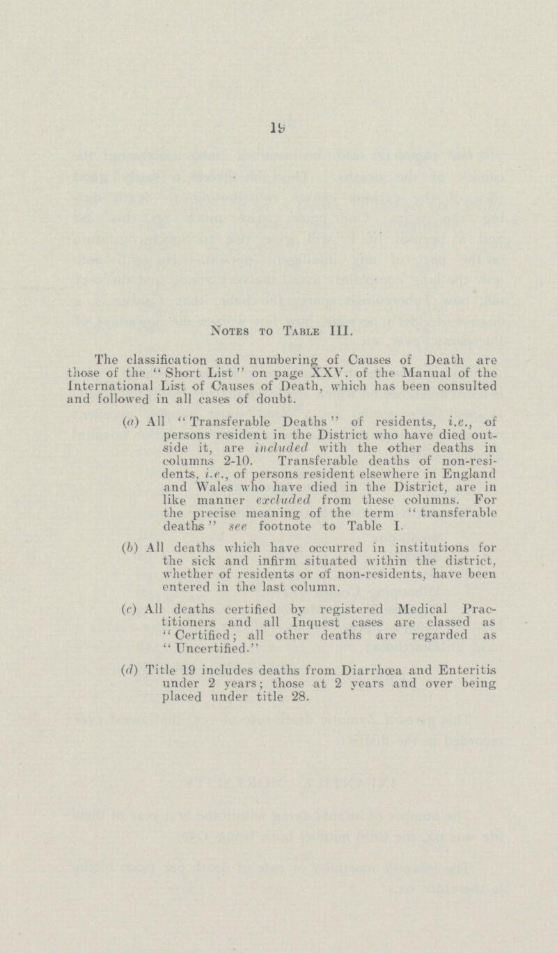 19 Notes to Table III. The classification and numbering of Causes of Death are those of the Short List on page XXV. of the Manual of the International List of Causes of Death, which has been consulted and followed in all cases of doubt. (a) All Transferable Deaths of residents, i.e., of persons resident in the District who have died out side it, are included with the other deaths in columns 2-10. Transferable deaths of non-resi dents, i.e., of persons resident elsewhere in England and Wales who have died in the District, are in like manner excluded from these columns. For the precise meaning of the term transferable deaths see footnote to Table 1. (b) All deaths which have occurred in institutions for the sick and infirm situated within the district, whether of residents or of non-residents, have been entered in the last column. (c) All deaths certified by registered Medical Prac titioners and all Inquest cases are classed as Certified; all other deaths are regarded as  Uncertified. (d) Title 19 includes deaths from Diarrhoea and Enteritis under 2 years; those at 2 years and over being placed under title 28.