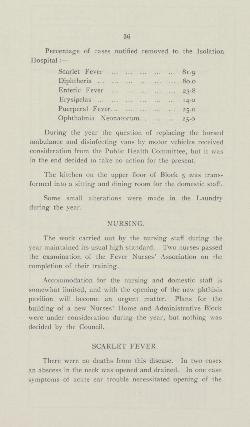 36 Percentage of cases notified removed to the Isolation Hospital:— Scarlet Fever 81.9 Diphtheria 800 Enteric Fever 23.8 Erysipelas 14.0 Puerperal Fever 25.0 Ophthalmia Neonatorum 25.0 During the year the question of replacing the horsed ambulance and disinfecting vans by motor vehicles received consideration from the Public Health Committee, but it was in the end decided to take no action for the present. The kitchen on the upper floor of Block 5 was trans formed into a sitting and dining room for the domestic staff. Some small alterations were made in the Laundry during the year. NURSING. The work carried out by the nursing staff during the year maintained its usual high standard. Two nurses passed the examination of the Fever Nurses' Association on the completion of their training. Accommodation for the nursing and domestic staff is somewhat limited, and with the opening of the new phthisis pavilion will become an urgent matter. Plans for the building of a new Nurses' Home and Administrative Block were under consideration during the year, but nothing was decided by the Council. SCARLET FEVER. There were no deaths from this disease. In two cases an abscess in the neck was opened and drained. In one case symptoms of acute ear trouble necessitated opening of the