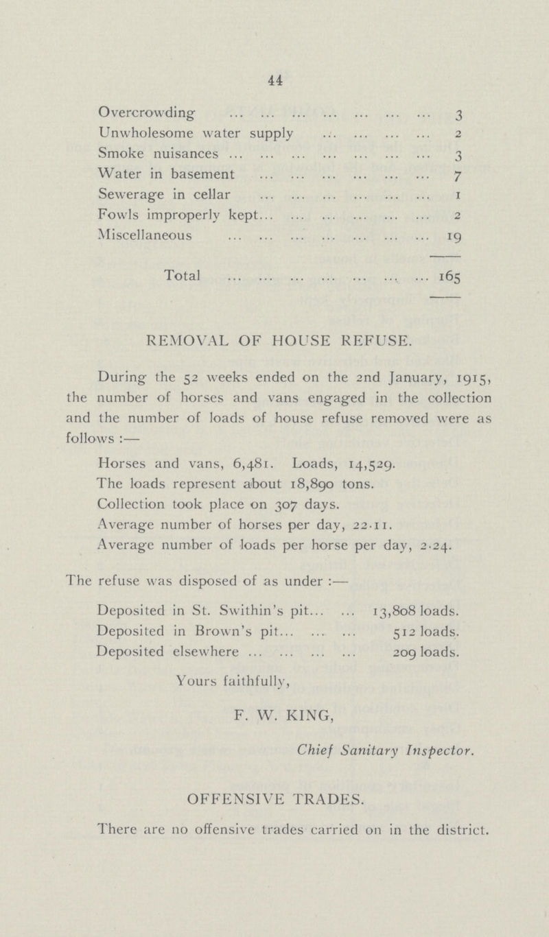 44 Overcrowding 3 Unwholesome water supply 2 Smoke nuisances 3 Water in basement 7 Sewerage in cellar 1 Fowls improperly kept 2 Miscellaneous 19 Total 165 REMOVAL OF HOUSE REFUSE. During the 52 weeks ended on the 2nd January, 1915, the number of horses and vans engaged in the collection and the number of loads of house refuse removed were as follows:— Horses and vans, 6,481. Loads, 14,529. The loads represent about 18,890 tons. Collection took place on 307 days. Average number of horses per day, 22.11. Average number of loads per horse per day, 2.24. The refuse was disposed of as under:— Deposited in St. Swithin's pit 13,808 loads. Deposited in Brown's pit 512 loads. Deposited elsewhere 209 loads. Yours faithfully, F. W. KING, Chief Sanitary Inspector. OFFENSIVE TRADES. There are 110 offensive trades carried on in the district.