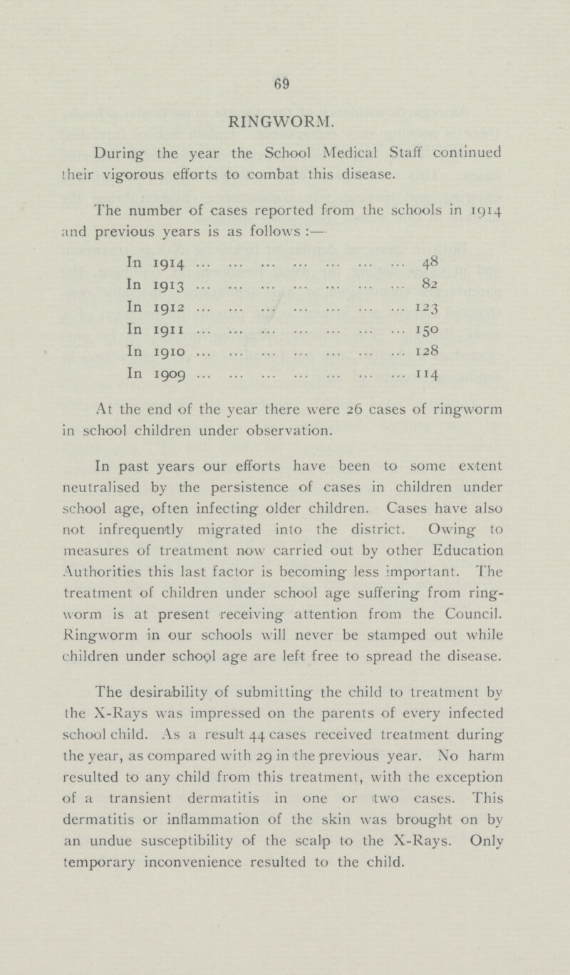 69 RINGWORM. During the year the School Medical Staff continued their vigorous efforts to combat this disease. The number of cases reported from the schools in 1914 and previous years is as follows :— In 1914 48 In 1913 82 In 1912 123 In 1911 150 In 1910 128 In 1909 114 At the end of the year there were 26 cases of ringworm in school children under observation. In past years our efforts have been to some extent neutralised by the persistence of cases in children under school age, often infecting older children. Cases have also not infrequently migrated into the district. Owing to measures of treatment now carried out by other Education Authorities this last factor is becoming less important. The treatment of children under school age suffering from ring worm is at present receiving attention from the Council. Ringworm in our schools will never be stamped out while children under school age are left free to spread the disease. The desirability of submitting the child to treatment by the X-Rays was impressed on the parents of every infected school child. As a result 44 cases received treatment during the year, as compared with 29 in the previous year. No harm resulted to any child from this treatment, with the exception of a transient dermatitis in one or two cases. This dermatitis or inflammation of the skin was brought on by an undue susceptibility of the scalp to the X-Rays. Only temporary inconvenience resulted to the child.
