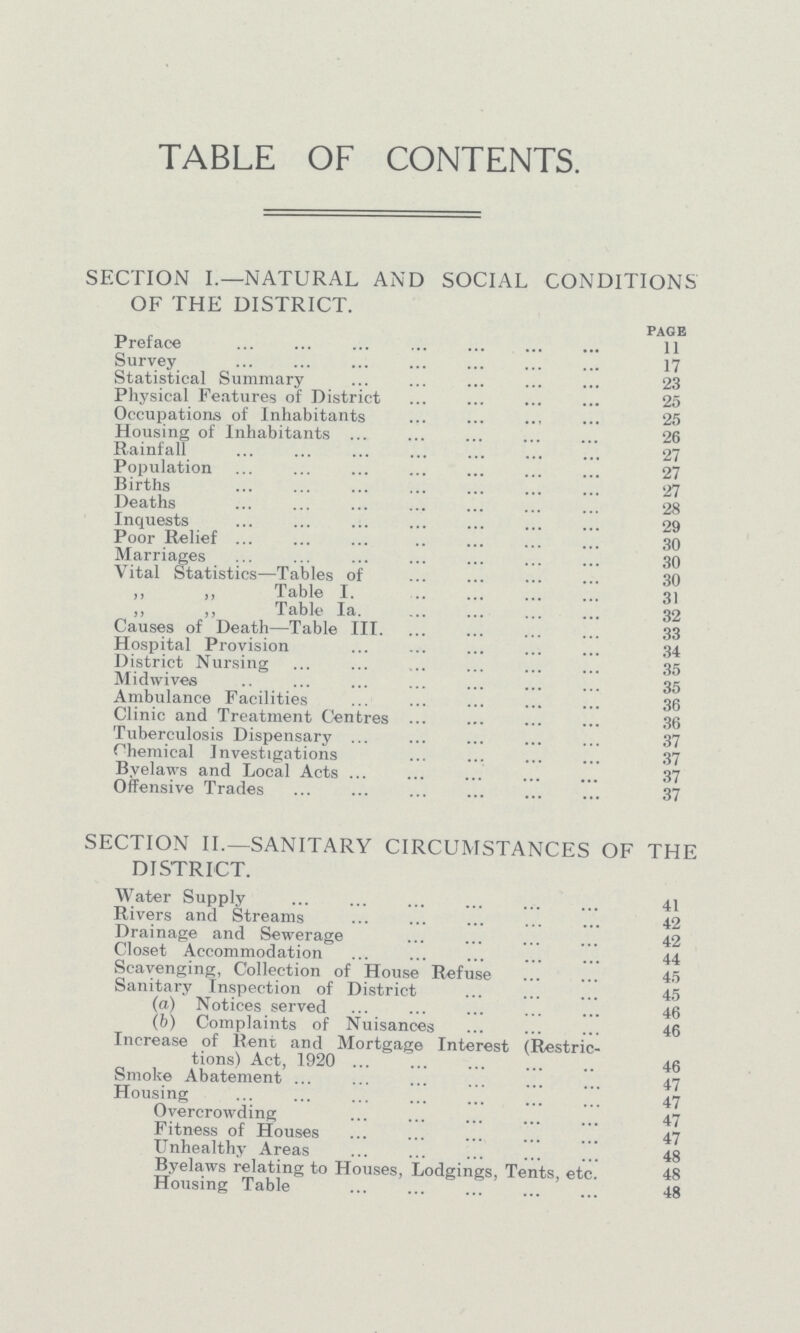 TABLE OF CONTENTS. SECTION I.—NATURAL AND SOCIAL CONDITIONS OF THE DISTRICT. page Preface 11 Survey 17 Statistical Summary 23 Physical Features of District 25 Occupations of Inhabitants 25 Housing of Inhabitants 26 Rainfall 27 Population 27 Births 27 Deaths 28 Inquests 29 Poor Relief 30 Marriages 30 Vital Statistics—Tables of 30 ,, „ Table I. 31 ,, „ Table Ia. 32 Causes of Death—Table III. 33 Hospital Provision 34 District Nursing 35 Midwives 35 Ambulance Facilities 36 Clinic and Treatment Centres 36 Tuberculosis Dispensary 37 Chemical Investigations 37 Byelaws and Local Acts 37 Offensive Trades 37 SECTION II.—SANITARY CIRCUMSTANCES OF THE DISTRICT. Water Supply 41 Rivers and Streams 42 Drainage and Sewerage 42 Closet Accommodation 44 Scavenging, Collection of House Refuse 45 Sanitary Inspection of District 45 (a) Notices served 46 (b) Complaints of Nuisances 46 Increase of Rent and Mortgage Interest (Restric tions) Act, 1920 46 Smoke Abatement 47 Housing 47 Overcrowding 47 Fitness of Houses 47 Unhealthy Areas 48 Byelaws relating to Houses, Lodgings, Tents, etc. 48 Housing Table 48