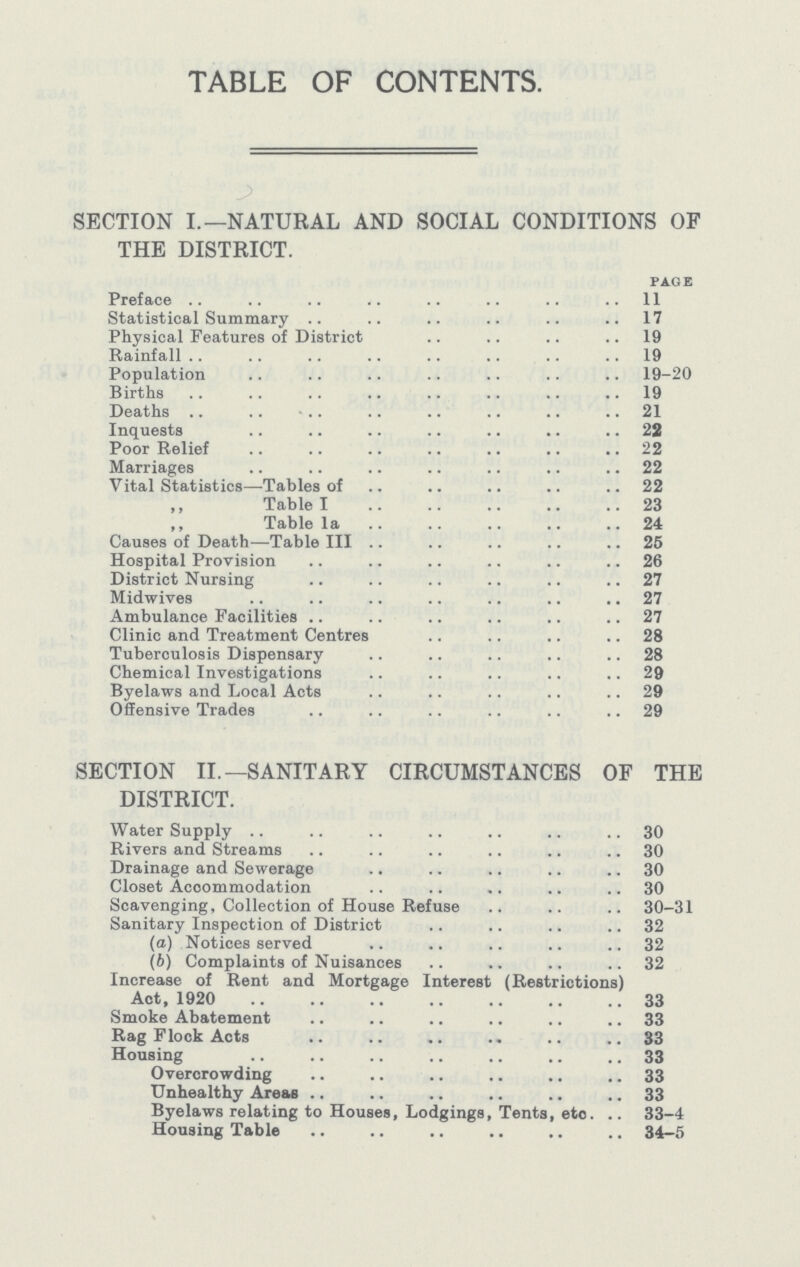 TABLE OF CONTENTS. SECTION I.— NATURAL AND SOCIAL CONDITIONS OF THE DISTRICT. page Preface 11 Statistical Summary 17 Physical Features of District 19 Rainfall 19 Population 19-20 Births 19 Deaths 21 Inquests 22 Poor Relief 22 Marriages 22 Vital Statistics—Tables of 22 Table I 23 ,, Table la 24 Causes of Death—Table III 25 Hospital Provision 26 District Nursing 27 Midwives 27 Ambulance Facilities 27 Clinic and Treatment Centres 28 Tuberculosis Dispensary 28 Chemical Investigations 29 Byelaws and Local Acts 29 Offensive Trades 29 SECTION II.— SANITARY CIRCUMSTANCES OF THE DISTRICT. Water Supply 30 Rivers and Streams 30 Drainage and Sewerage 30 Closet Accommodation 30 Scavenging, Collection of House Refuse 30-31 Sanitary Inspection of District 32 (а) Notices served 32 (b) Complaints of Nuisances 32 Increase of Rent and Mortgage Interest (Restrictions) Act, 1920 33 Smoke Abatement 33 Rag Flock Acts 33 Housing 33 Overcrowding 33 Unhealthy Areas 33 Byelaws relating to Houses, Lodgings, Tents, etc. .. 33-4 Housing Table 34-5