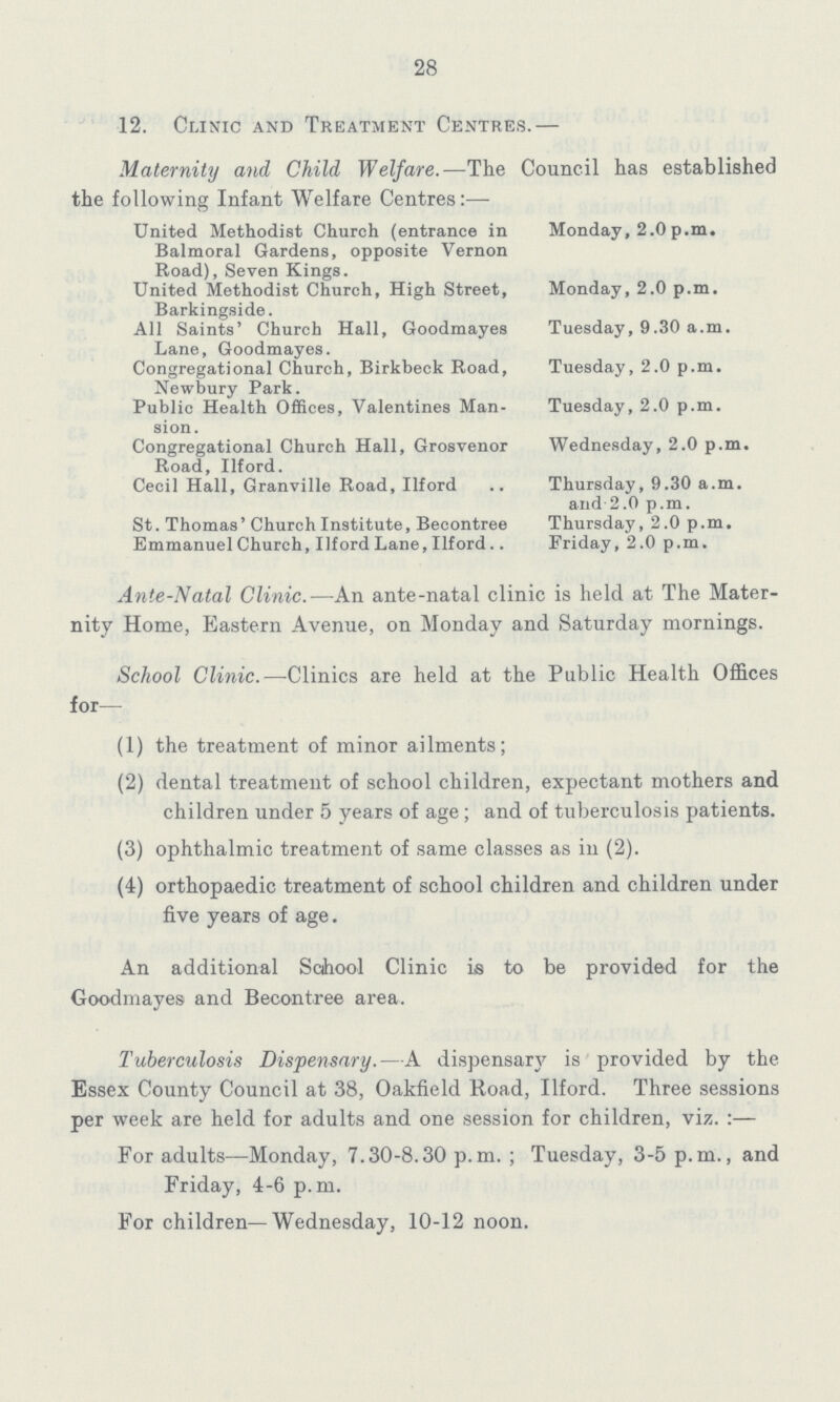 28 12. Clinic and Treatment Centres.— Maternity and Child Welfare.—The Council has established the following Infant Welfare Centres:— United Methodist Church (entrance in Monday, 2.0 p.m. Balmoral Gardens, opposite Vernon Road), Seven Kings. United Methodist Church, High Street, Monday, 2.0 p.m. Barkingside. All Saints' Church Hall, Goodmayes Tuesday, 9.30 a.m. Lane, Goodmayes. Congregational Church, Birkbeck Road, Tuesday, 2.0 p.m. Newbury Park. Public Health Offices, Valentines Man- Tuesday, 2.0 p.m. sion. Congregational Church Hall, Grosvenor Wednesday, 2.0 p.m. Road, Ilford. Cecil Hall, Granville Road, Ilford Thursday, 9.30 a.m. and 2.0 p.m. St. Thomas' Church Institute, Becontree Thursday, 2.0 p.m. Emmanuel Church, Ilford Lane, Ilford Friday, 2.0 p.m. Ante-Natal Clinic.—An ante-natal clinic is held at The Mater nity Home, Eastern Avenue, on Monday and Saturday mornings. School Clinic.—Clinics are held at the Public Health Offices for— (1) the treatment of minor ailments; (2) dental treatment of school children, expectant mothers and children under 5 years of age ; and of tuberculosis patients. (3) ophthalmic treatment of same classes as in (2). (4) orthopaedic treatment of school children and children under five years of age. An additional School Clinic is to be provided for the Goodmayes and Becontree area. Tuberculosis Dispensary.—A dispensary is provided by the Essex County Council at 38, Oakfield Road, Ilford. Three sessions per week are held for adults and one session for children, viz.:— For adults—Monday, 7.30-8.30 p.m. ; Tuesday, 3-5 p.m., and Friday, 4-6 p.m. For children—Wednesday, 10-12 noon.