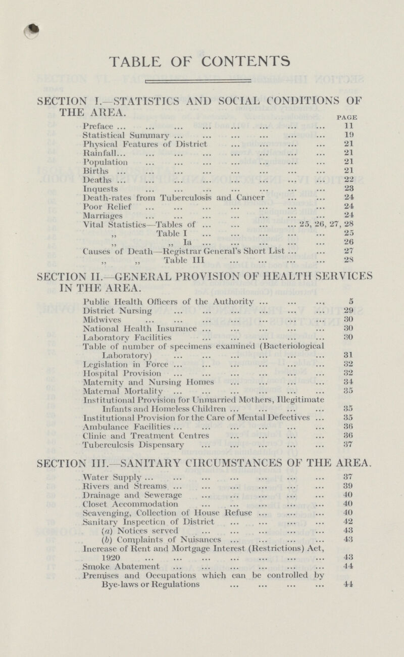 TABLE OF CONTENTS SECTION I.—STATISTICS AND SOCIAL CONDITIONS OF THE AREA. pAGE Preface 11 Statistical Summary 19 Physical Features of District 21 Rainfall 21 Population 21 Births 21 Deaths 22 Inquests 23 Death-rates from Tuberculosis and Cancer 24 Poor Relief 24 Marriages 24 Vital Statistics—Tables of 25, 26, 27, 28 „ Tabic I 25 „ Ia 26 Causes of Death—Registrar General's Short List 27 Table III 2S SECTION II.-GENERAL PROVISION OF HEALTH SERVICES IN THE AREA. Public Health Officers of the Authority 5 District Nursing 29 Midwives 30 National Health Insurance 30 Laboratory Facilities 30 Table of number of specimens examined (Bacteriological Laboratory) 31 Legislation in Force 32 Hospital Provision 32 Maternity and Nursing Homes 34 Maternal Mortality 35 Institutional Provision for Unmarried Mothers, Illegitimate Infants and Homeless Children 35 Institutional Provision for the Care of Mental Defectives 35 Ambulance Facilities 38 Clinic and Treatment Centres 30 Tuberculosis Dispensary 37 SECTION III. SANITARY CIRCUMSTANCES OF THE AREA. Water Supply 37 Rivers and Streams 39 Drainage and Sewerage 40 Closet Accommodation 40 Scavenging, Collection of House Refuse 40 Sanitary Inspection of District 42 (а) Notices served 43 (b) Complaints of Nuisances 43 Increase of Rent and Mortgage Interest (Restrictions) Act, 1920 43 Smoke Abatement 44 Premises and Occupations which can be controlled by Bye-laws or Regulations 44