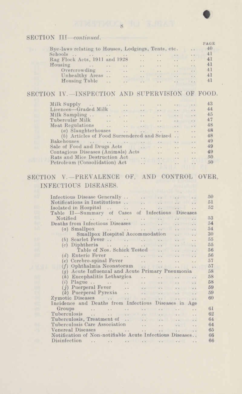 8 SECTION 111—continued. PAGE Bye-laws relating to Houses, Lodgings, Tents, etc. 40 Schools 41 Rag Flock Acts, 1911 and 1928 41 Housing 41 Overcrowding 41 Unhealthy Areas 41 Housing Table 41 SECTION IV.—INSPECTION AND SUPERVISION OF FOOD. Milk Supply 43 Licences—Graded Milk 44 Milk Sampling 45 Tubercular Milk 47 Meat Regulations 48 (а) Slaughterhouses 48 (б) Articles of Food Surrendered and Seized 48 Bakehouses 49 Sale of Food and Drugs Acts 49 Contagious Diseases (Animals) Acts 49 Rats and Mice Destruction Act 50 Petroleum (Consolidation) Act 50 SECTION V.—PREVALENCE OF, AND CONTROL OVER, INFECTIOUS DISEASES. Infectious Disease Generally 50 Notifications in Institutions 51 Isolated in Hospital 52 Table II—Summary of Cases of Infectious Diseases Notified 53 Deaths from Infectious Diseases 54 (а) Smallpox 54 Smallpox Hospital Accommodation 30 (б) Scarlet Fever 55 (c) Diphtheria 55 Table of Nos. Schick Tested 56 (d) Enteric Fever 56 (e) Cerebro-spinal Fever 57 (/) Ophthalmia Neonatorum 57 (g) Acute Influenzal and Acute Primary Pneumonia 58 (h) Encephalitis Lethargica 58 (i) Plague 58 (j) Puerperal Fever 59 (&) Puerperal Pyrexia 59 Zymotic Diseases 60 Incidence and Deaths from Infectious Diseases in Age Groups 61 Tuberculosis 62 Tuberculosis, Treatment of 64 Tuberculosis Care Association 64 Venereal Diseases 65 Notification of Non-notifiable Acute Infectious Diseases 66 Disinfection 66