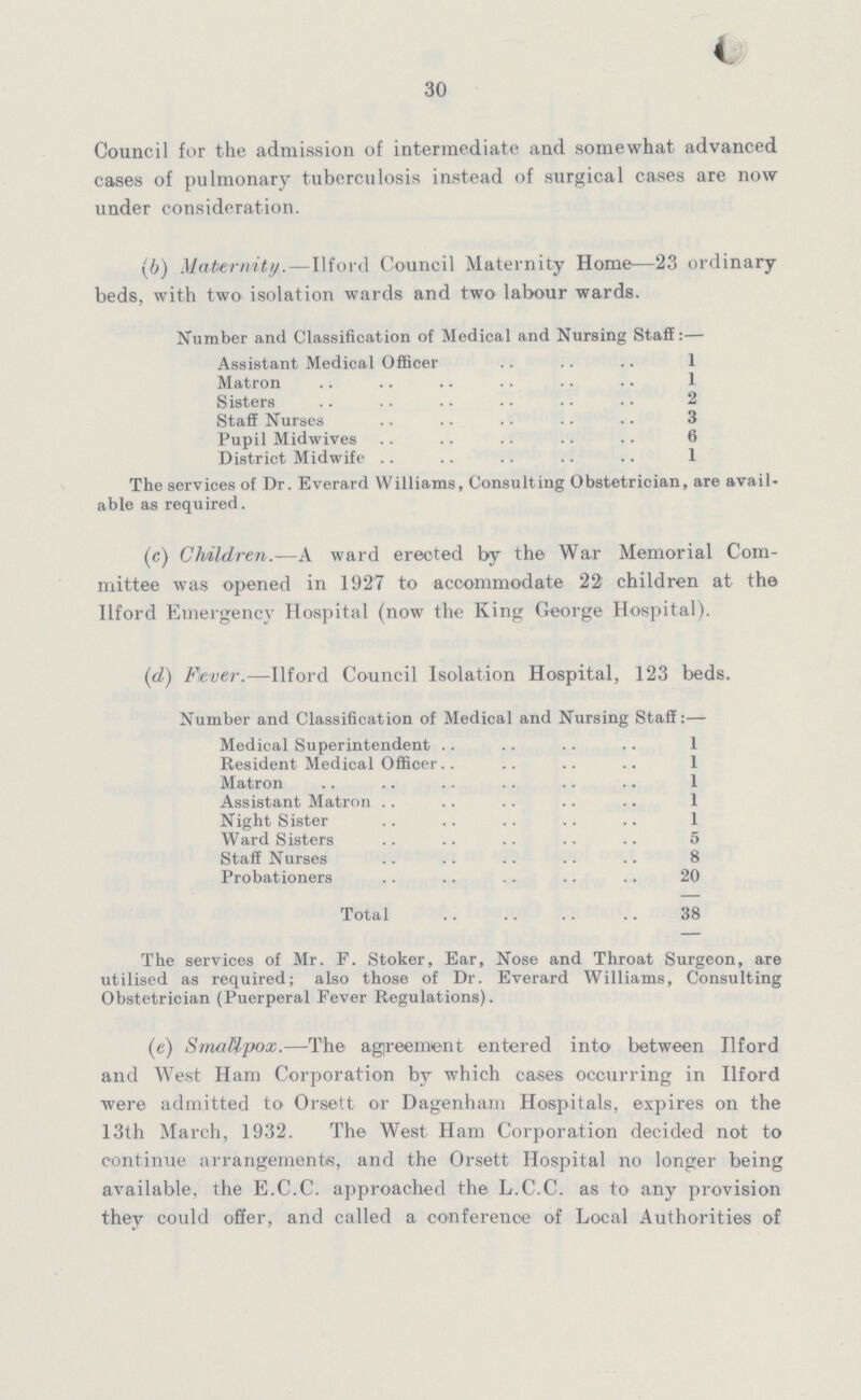 30 Council for the admission of intermediate and somewhat advanced cases of pulmonary tuberculosis instead of surgical cases are now under consideration. (b) Maternity.—Ilford Council Maternity Home—23 ordinary beds, with two isolation wards and two labour wards. Number and Classification of Medical and Nursing Staff:— Assistant Medical Officer 1 Matron 1 Sisters 2 Staff Nurses 3 Pupil Midwives 6 District Midwife 1 The services of Dr. Everard Williams, Consulting Obstetrician, are avail able as required. (c) Children.—A ward erected by the War Memorial Com mittee was opened in 1927 to accommodate 22 children at the Ilford Emergency Hospital (now the King George Hospital). (d) Flever.—Ilford Council Isolation Hospital, 123 beds. Number and Classification of Medical and Nursing Staff:— Medical Superintendent 1 Resident Medical Officer 1 Matron 1 Assistant Matron 1 Night Sister 1 Ward Sisters 5 Staff Nurses 8 Probationers 20 Total 38 The services of Mr. F. Stoker, Ear, Nose and Throat Surgeon, are utilised as required; also those of Dr. Everard Williams, Consulting Obstetrician (Puerperal Fever Regulations). (e) Smallpox.—The agreement entered into between Ilford and West Ham Corporation by which cases occurring in Ilford were admitted to Orsett or Dagenham Hospitals, expires on the 13th March, 1932. The West Ham Corporation decided not to continue arrangements, and the Orsett Hospital no longer being available, the E.C.C. approached the L.C.C. as to any provision they could offer, and called a conference of Local Authorities of