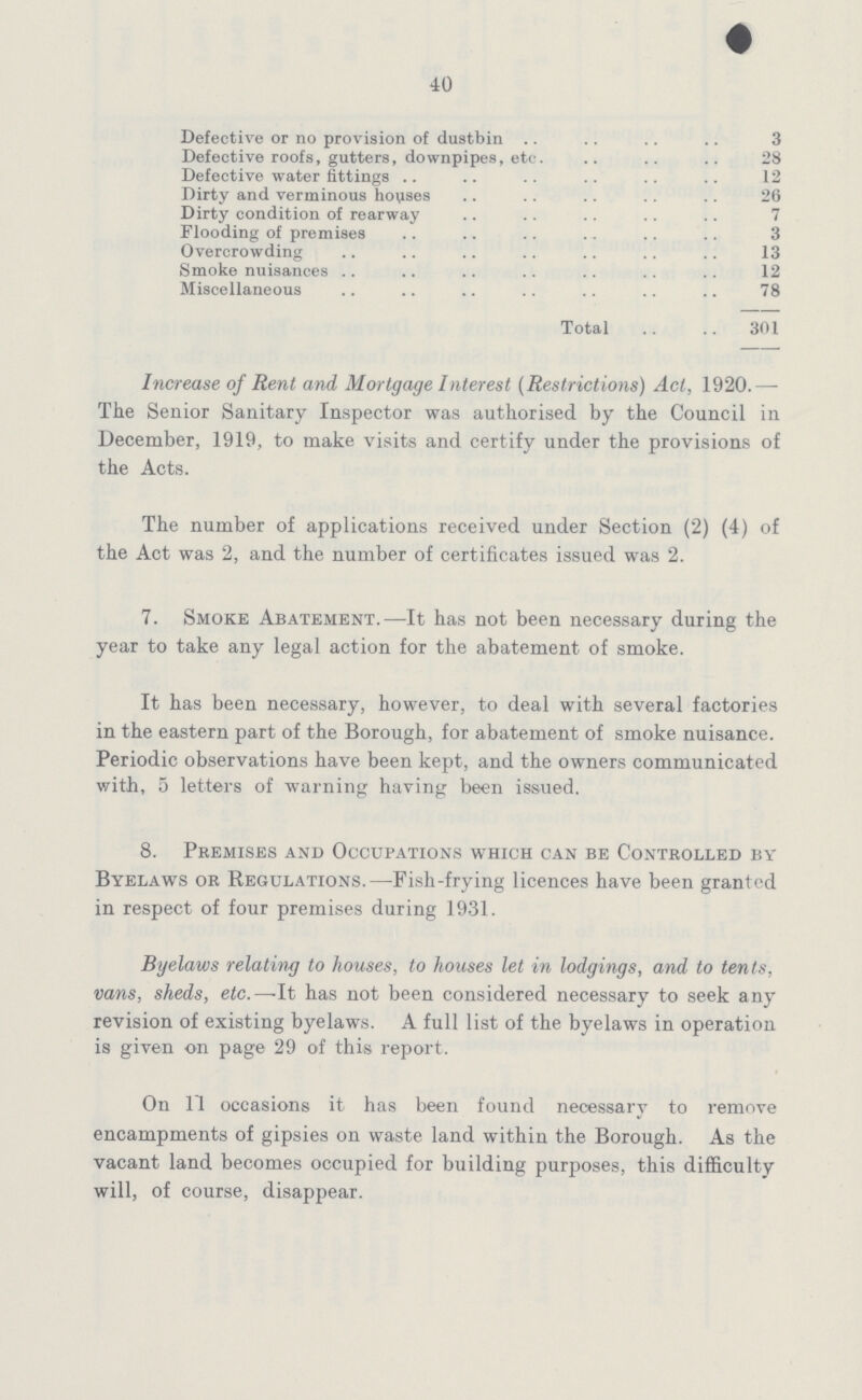 40 Defective or no provision of dustbin 3 Defective roofs, gutters, downpipes, etc. 28 Defective water fittings 12 Dirty and verminous houses 26 Dirty condition of rearway 7 Flooding of premises 3 Overcrowding 13 Smoke nuisances 12 Miscellaneous 78 Total 301 Increase of Rent and Mortgage Interest (Restrictions) Act, 1920.— The Senior Sanitary Inspector was authorised by the Council in December, 1919, to make visits and certify under the provisions of the Acts. The number of applications received under Section (2) (4) of the Act was 2, and the number of certificates issued was 2. 7. Smoke Abatement.—It has not been necessary during the year to take any legal action for the abatement of smoke. It has been necessary, however, to deal with several factories in the eastern part of the Borough, for abatement of smoke nuisance. Periodic observations have been kept, and the owners communicated with, 5 letters of warning having been issued. 8. Premises and Occupations which can be Controlled by Byelaws or Regulations.—Fish-frying licences have been granted in respect of four premises during 1931. Byelaws relating to houses, to houses let in lodgings, and to tents, vans, sheds, etc.—-It has not been considered necessary to seek any revision of existing byelaws. A full list of the byelaws in operation is given on page 29 of this report. On 11 occasions it has been found necessary to remove encampments of gipsies on waste land within the Borough. As the vacant land becomes occupied for building purposes, this difficulty will, of course, disappear.