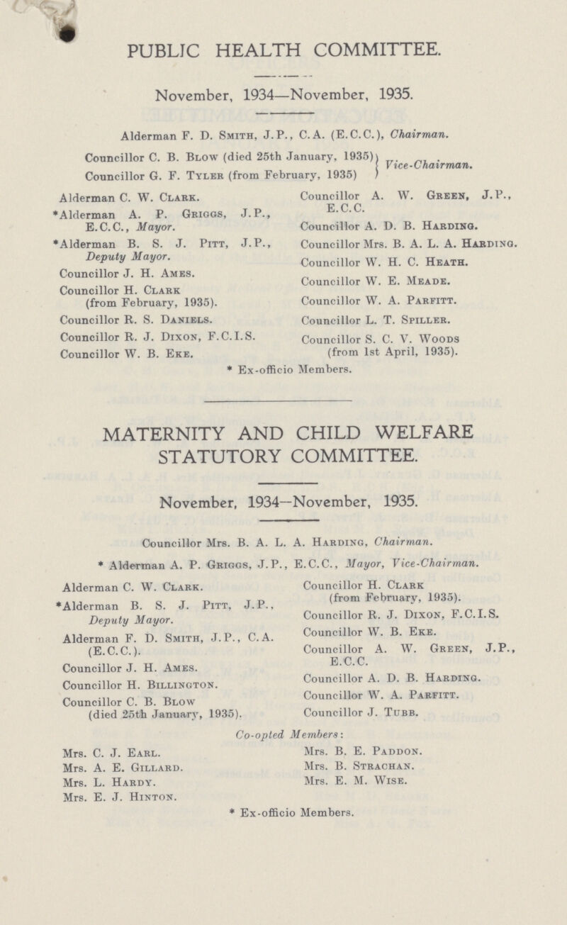 PUBLIC HEALTH COMMITTEE. November, 1934—November, 1935. Alderman F. D. Smith, J.P., C.A. (E.C.C.), Chairman. Councillor C. B. Blow (died 25th January, 1935) Councillor G. F. Tyler (from February, 1935) Vice-Chairman. Alderman C. W. Clark. *Alderman A. P. Griggs, J. P., E.C.C., Mayor. *Alderman B. S. J. Pitt, J. P., Deputy Mayor. Councillor J. H. Ames. Councillor H. Clark (from February, 1935). Councillor R. S. Daniels. Councillor R. J. Dixon, F.C.I.S. Councillor W. B. Eke. Councillor A. W. Green, J.P., E.C. C. Councillor A. D. B. Harding. Councillor Mrs. B. A. L. A. Harding. Councillor W. H. C. Heath. Councillor W. E. Meade. Councillor W. A. Parfitt. Councillor L. T. Spiller. Councillor S. C. V. Woods (from 1st April, 1935). * Ex-officio Members. MATERNITY AND CHILD WELFARE STATUTORY COMMITTEE. November, 1934—November, 1935. Councillor Mrs. B. A. L. * Alderman A. P. Griggs, J. P., Alderman C. W. Clark. *Alderman B. S. J. Pitt, J. P., Deputy Mayor. Alderman F. D. Smith, J. P., C.A. (E.C. C.). Councillor J. H. Ames. Councillor H. Billington. Councillor C. B. Blow (died 25th January, 1935). A. Harding, Chairman. E.C.C., Mayor, Vice-Chairman. Councillor H. Clark (from February, 1935). Councillor R. J. Dixon, F.C.I.S. Councillor W. B. Eke. Councillor A. W. Green, J. P., E.C.C. Councillor A. D. B. Harding. Councillor W. A. Parfitt. Councillor J. Tubb. Co-opted Members: Mrs. C. J. Earl. Mrs. A. E. Gillard. Mrs. L. Hardy. Mrs. E. J. Hinton. Mrs. B. E. Paddon. Mrs. B. Strachan. Mrs. E. M. Wise. * Ex-officio Members.