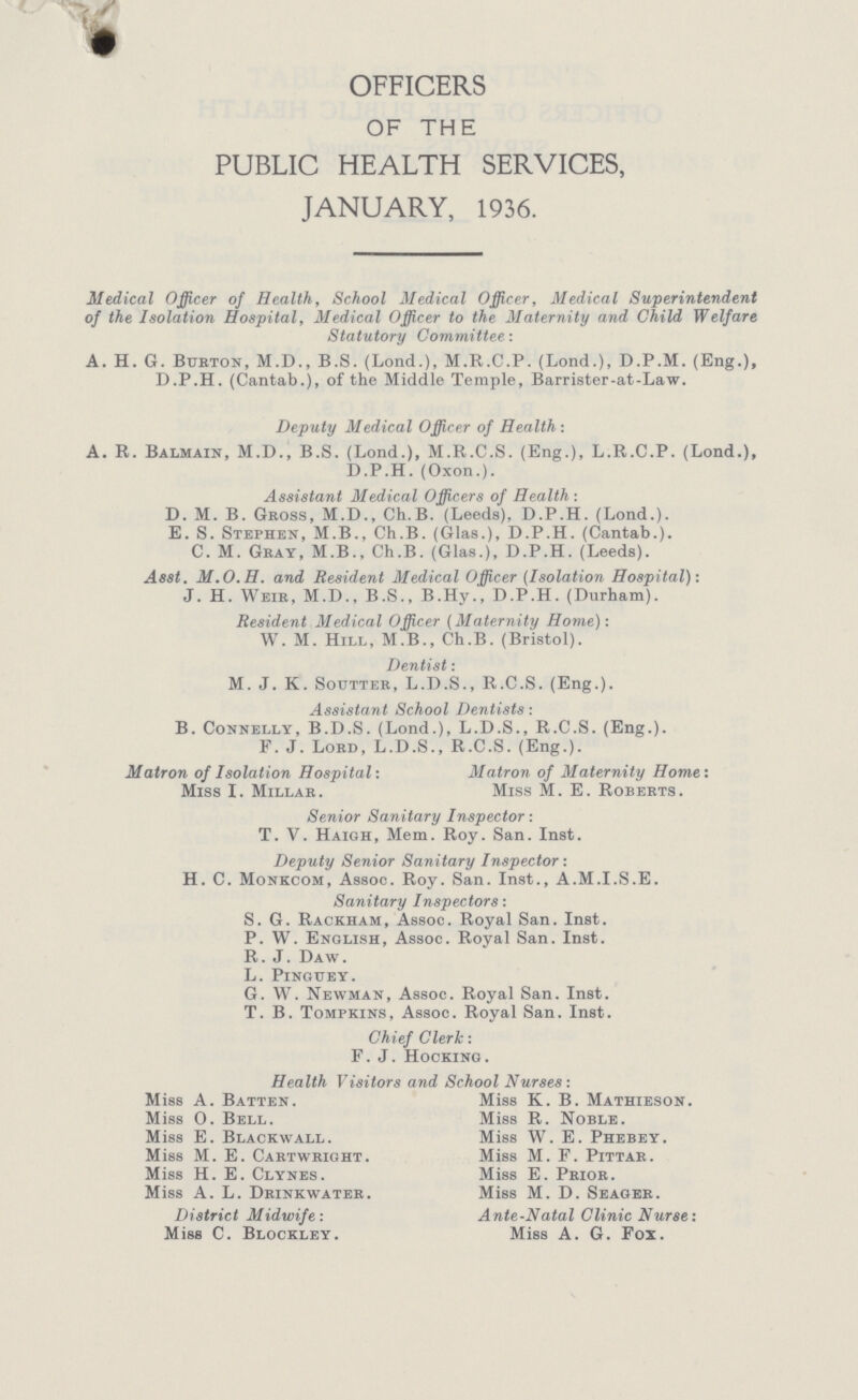 OFFICERS OF THE PUBLIC HEALTH SERVICES, JANUARY, 1936. Medical Officer of Health, School Medical Officer, Medical Superintendent of the Isolation Hospital, Medical Officer to the Maternity and Child Welfare Statutory Committee-. A. H. G. Burton, M.D., B.S. (Lond.), M.R.C.P. (Lond.), D.P.M. (Eng.), D.P.H. (Cantab.), of the Middle Temple, Barrister-at-Law. Deputy Medical Officer of Health : A. R. Balmain, M.D., B.S. (Lond.), M.R.C.S. (Eng.), L.R.C.P. (Lond.), D.P.H. (Oxon.). Assistant Medical Officers of Health : D. M. B. Gross, M.D., Ch.B. (Leeds), D.P.H. (Lond.). E. S. Stephen, M.B., Ch.B. (Glas.), D.P.H. (Cantab.). C. M. Gray, M.B., Ch.B. (Glas.), D.P.H. (Leeds). M.O.H. and Resident Medical Officer (Isolation Hospital)-. J. H. Weir, M.D., B.S., B.Hy., D.P.H. (Durham). Resident Medical Officer (Maternity Home): W. M. Hill, M.B., Ch.B. (Bristol). Dentist: M. J. K. Soutter, L.D.S., R.C.S. (Eng.). Assistant School Dentists: B. Connelly, B.D.S. (Lond.), L.D.S., R.C.S. (Eng.). F. J. Lord, L.D.S., R.C.S. (Eng.). Matron of Isolation Hospital-. Matron of Maternity Home: Miss I. Millar. Miss M. E. Roberts. Senior Sanitary Inspector: T. V. Haigh, Mem. Roy. San. Inst. Deputy Senior Sanitary Inspector: H. C. Monkcom, Assoc. Roy. San. Inst., A.M.I.S.E. Sanitary Inspectors: S. G. Rackham, Assoc. Royal San. Inst. P. W. English, Assoc. Royal San. Inst. R.J. Daw. L. Pingttey. G. W. Newman, Assoc. Royal San. Inst. T. B. Tompkins, Assoc. Royal San. Inst. Chief Cleric: F.J. Hooking. Health Visitors and School Nurses: Miss A. Batten. Miss K. B. Mathieson. Miss O. Bell. Miss R. Noble. Miss E. Blackwall. Miss W. E. Phebey. Miss M. E. Cartwright. Miss M. F. Pittar. Miss H. E. Clynes. Miss E. Prior. Miss A. L. Drinkwater. Miss M. D. Seager. District Midwife: Ante-Natal Clinic Nurse: Miss C. Blockley. Miss A. G. Pox.