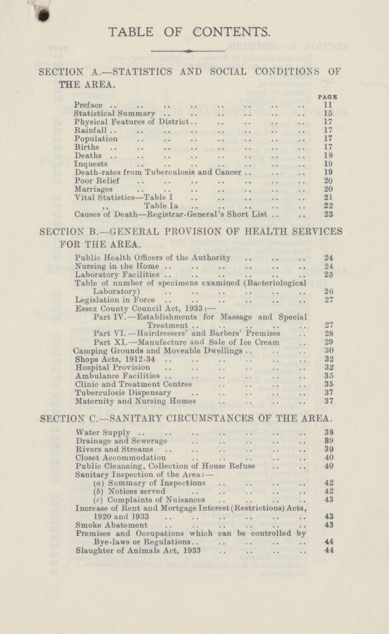 TABLE OF CONTENTS. SECTION A.—STATISTICS AND SOCIAL CONDITIONS OF THE AREA. page Preface 11 Statistical Summary 15 Physical Features of District.. 17 Rainfall 17 Population 17 Births 17 Deaths 18 Inquests 19 Death-rates from Tuberculosis and Cancer 19 Poor Relief 20 Marriages 20 Vital Statistics—Table I 21 „ Table Ia 22 Causes of Death—-Registrar-General's Short List 23 SECTION B.— GENERAL PROVISION OF HEALTH SERVICES FOR THE AREA. Public Health Officers of the Authority 24 Nursing in the Home 24 Laboratory Facilities 25 Table of number of specimens examined (Bacteriological Laboratory) 26 Legislation in Force 27 Essex County Council Act, 1933:— Part IV.—Establishments for Massage and Special Treatment 27 Part VI.—Hairdressers' and Barbers' Premises 28 Part XI.—Manufacture and Sale of Ice Cream 29 Camping Grounds and Moveable Dwellings 30 Shops Acts, 1912-34 32 Hospital Provision 32 Ambulance Facilities 35 Clinic and Treatment Centres 35 Tuberculosis Dispensary 37 Maternity and Nursing Homes 37 SECTION C.—SANITARY CIRCUMSTANCES OF THE AREA. Water Supply 38 Drainage and Sewerage 39 Rivers and Streams 39 Closet Accommodation 40 Public Cleansing, Collection of House Refuse 40 Sanitary Inspection of the Area:— (a) Summary of Inspections 42 (b) Notices served 42 (c) Complaints of Nuisances 43 Increase of Rent and Mortgage Interest (Restrictions) Acts, 1920 and 1933 43 Smoke Abatement 43 Premises and Occupations which can be controlled by Bye-laws or Regulations 44 Slaughter of Animals Act, 1933 44