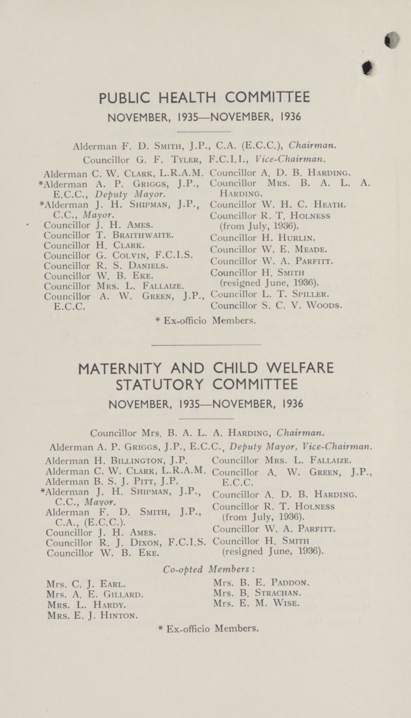 PUBLIC HEALTH COMMITTEE NOVEMBER, 1935—NOVEMBER, 1936 Alderman F. D. Smith, J. P., C.A. (E.C.C.), Chairman. Councillor G. F. Tyler, F.C.I.I., Vice-Chairman. Alderman C. W. Clark, L.R.A.M. Alderman A. P. Griggs, J.P., E.C.C., Deputy Mayor. Alderman J. H. Shipman, J.P., C.C., Mayor. Councillor J. H. Ames. Councillor T. Braithwaite. Councillor H. Clark. Councillor G. Colvin, F.C.I.S. Councillor R. S. Daniels. Councillor W. B. Eke. Councillor Mrs. L. Fallaize. Councillor A. W. Green, J.P., E.C.C. Councillor A. D. B. Harding. Councillor Mrs. B. A. L. A. Harding. Councillor W. H. C. Heath. Councillor R. T. Holness (from July, 1936). Councillor H. Hurlin. Councillor W. E. Meade. Councillor W. A. Parfitt. Councillor H. Smith (resigned June, 1936). Councillor L. T. Spiller. Councillor S. C. V. Woods. * Ex-officio Members. MATERNITY AND CHILD WELFARI STATUTORY COMMITTEE NOVEMBER, 1935—NOVEMBER, 1936 Councillor Mrs. B. A. L. Alderman A. P. Griggs, J.P., E.C Alderman H. Billington, J.P. Alderman C. W. Clark, L.R.A.M. Alderman B. S. J. Pitt, J.P. ♦Alderman J. H. Shipman, J.P., C.C., Mayor. Alderman F. D. Smith, J. P., C.A., (E.C.C.). Councillor J. H- Ames. Councillor R. J. Dixon, F.C.I.S. Councillor W. B. Eke. A. Harding, Chairman. C.t Deputy Mayor, Vice-Chairman. Councillor Mrs. L. Fallaize. Councillor A. W. Green, J.P., E.C.C. Councillor A. D. B. Harding. Councillor R. T. Holness (from July, 1936). Councillor W. A. Parfitt. Councillor H. Smith (resigned June, 1936). Co-opted Members : Mrs. C. J. Earl. Mrs. A. E. Gillard. Mrs. L. Hardy. Mrs. E. J. Hinton. Mrs. B. E. Paddon. Mrs. B. Strachan. Mrs. E. M. Wise. * Ex-officio Members.