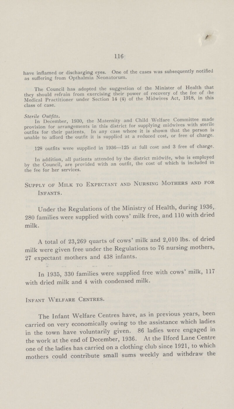 116 have inflamed or discharging eyes. One of the cases was subsequently notified as suffering from Opthalmia Neonatorum. The Council has adopted the suggestion of the Minister of Health that they should refrain from exercising their power of recovery of the fee of (he Medical Practitioner under Section 14 (4) of the Midwives Act, 1918, in this class of case. Sterile Outfits. In December, 1930, the Maternity and Child Welfare Committee made provision for arrangements in this district for supplying midwives with sterile outfits for their patients. In any case where it is shown that the person is unable to afford the outfit it is supplied at a reduced cost, or free of charge. 128 outfits were supplied in 1936—125 at full cost and 3 free of charge. In addition, all patients attended by the district midwife, who is employed by the Council, are provided with an outfit, the cost of which is included in the fee for her services. Supply of Milk to Expectant and Nursing Mothers and for Infants. Under the Regulations of the Ministry of Health, during 1936, 280 families were supplied with cows' milk free, and 110 with dried milk. A total of 23,269 quarts of cows' milk and 2,010 lbs. of dried milk were given free under the Regulations to 76 nursing mothers, 27 expectant mothers and 438 infants. In 1935, 330 families were supplied free with cows' milk, 117 with dried milk and 4 with condensed milk. Infant Welfare Centres. The Infant Welfare Centres have, as in previous years, been carried on very economically owing to the assistance which ladies in the town have voluntarily given. 86 ladies were engaged in the work at the end of December, 1936. At the Ilford Lane Centre one of the ladies has carried on a clothing club since 1921, to which mothers could contribute small sums weekly and withdraw the