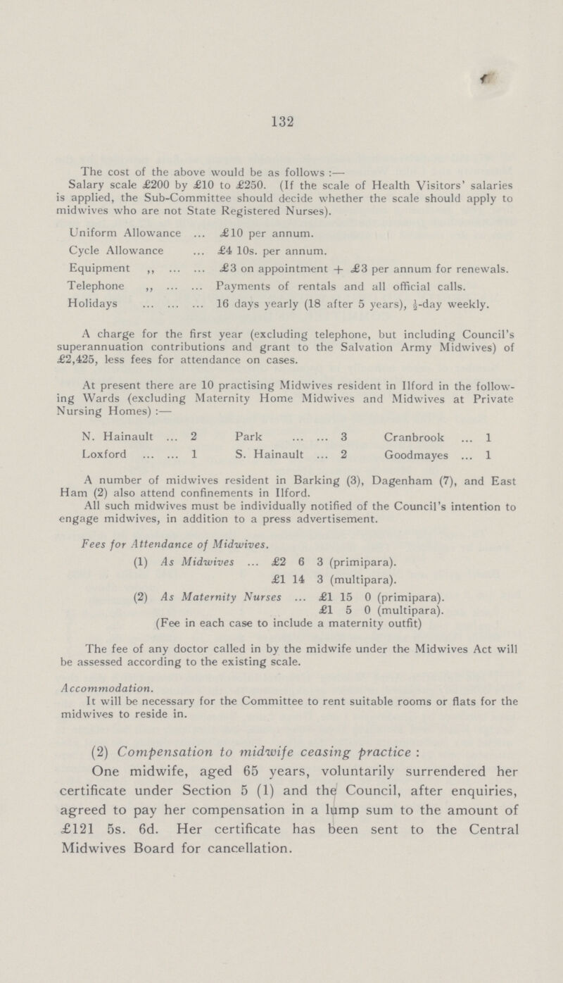 132 The cost of the above would be as follows :— Salary scale £200 by £10 to £250. (If the scale of Health Visitors' salaries is applied, the Sub-Committee should decide whether the scale should apply to midwives who are not State Registered Nurses). Uniform Allowance £10 per annum. Cycle Allowance £4 10s. per annum. Equipment ,, £3 on appointment + £3 per annum for renewals. Telephone ,, Payments of rentals and all official calls. Holidays 16 days yearly (18 after 5 years), 3-day weekly. A charge for the first year (excluding telephone, but including Council's superannuation contributions and grant to the Salvation Army Midwives) of £2,425, less fees for attendance on cases. At present there are 10 practising Midwives resident in Ilford in the follow ing Wards (excluding Maternity Home Midwives and Midwives at Private Nursing Homes) :— N. Hainault 2 Park 3 Cranbrook .. 1 Loxford 1 S. Hainault 2 Goodmayes 1 A number of midwives resident in Barking (3), Dagenham (7), and East Ham (2) also attend confinements in Ilford. All such midwives must be individually notified of the Council's intention to engage midwives, in addition to a press advertisement. Fees for Attendance of Midwives. (1) As Midwives £2 6 3 (primipara). £1 14 3 (multipara). (2) i4s Maternity Nurses ... £1 15 0 (primipara). £15 0 (multipara). (Fee in each case to include a maternity outfit) The fee of any doctor called in by the midwife under the Midwives Act will be assessed according to the existing scale. Accommodation. It will be necessary for the Committee to rent suitable rooms or flats for the midwives to reside in. (2) Compensation to midwife ceasing practice : One midwife, aged 65 years, voluntarily surrendered her certificate under Section 5 (1) and the/ Council, after enquiries, agreed to pay her compensation in a lump sum to the amount of £121 5s. 6d. Her certificate has been sent to the Central Midwives Board for cancellation.