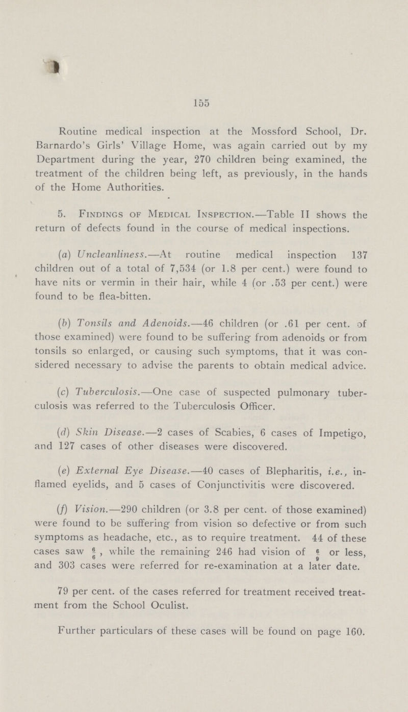 155 Routine medical inspection at the Mossford School, Dr. Barnardo's Girls' Village Home, was again carried out by my Department during the year, 270 children being examined, the treatment of the children being left, as previously, in the hands of the Home Authorities. 5. Findings of Medical Inspection.—Table II shows the return of defects found in the course of medical inspections. (a) Uncleanliness.—At routine medical inspection 137 children out of a total of 7,534 (or 1.8 per cent.) were found to have nits or vermin in their hair, while 4 (or .53 per cent.) were found to be flea-bitten. (b) Tonsils and Adenoids.—46 children (or .61 per cent, of those examined) were found to be suffering from adenoids or from tonsils so enlarged, or causing such symptoms, that it was con sidered necessary to advise the parents to obtain medical advice. (c) Tuberculosis.—One case of suspected pulmonary tuber culosis was referred to the Tuberculosis Officer. (d) Skin Disease.—2 cases of Scabies, 6 cases of Impetigo, and 127 cases of other diseases were discovered. (e) External Eye Disease.—40 cases of Blepharitis, i.e., in flamed eyelids, and 5 cases of Conjunctivitis were discovered. (/) Vision.—290 children (or 3.8 per cent, of those examined) were found to be suffering from vision so defective or from such symptoms as headache, etc., as to require treatment. 44 of these cases saw 6/6 , while the remaining 246 had vision of 6/9 or less, and 303 cases were referred for re-examination at a later date. 79 per cent. of the cases referred for treatment received treat ment from the School Oculist. Further particulars of these cases will be found on page 160.