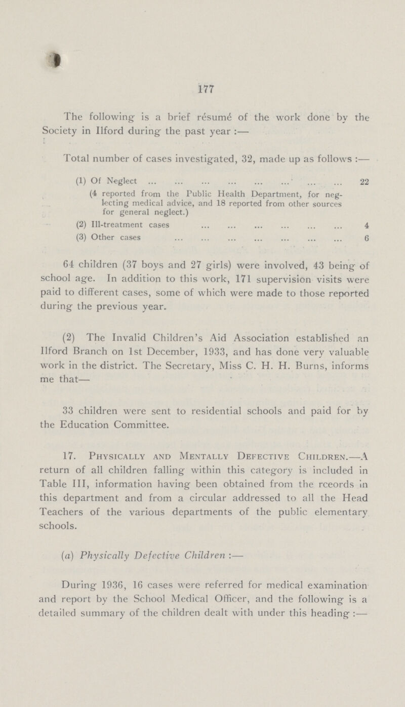 177 The following is a brief resume of the work done by the Society in Ilford during the past year:— Total number of cases investigated, 32, made up as follows :— (1) Of Neglect 22 (4 reported from the Public Health Department, for neg lecting medical advice, and 18 reported from other sources for general neglect.) (2) Ill-treatment cases 4 (3) Other cases 6 64 children (37 boys and 27 girls) were involved, 43 being of school age. In addition to this work, 171 supervision visits were paid to different cases, some of which were made to those reported during the previous year. (2) The Invalid Children's Aid Association established an Ilford Branch on 1st December, 1933, and has done very valuable work in the district. The Secretary, Miss C. H. H. Burns, informs me that— 33 children were sent to residential schools and paid for by the Education Committee. 17. Physically and Mentally Defective Children.—A return of all children falling within this category is included in Table III, information having been obtained from the rceords in this department and from a circular addressed to all the Head Teachers of the various departments of the public elementary schools. (a) Physically Defective Children:— During 1936, 16 cases were referred for medical examination and report by the School Medical Officer, and the following is a detailed summary of the children dealt with under this heading:—