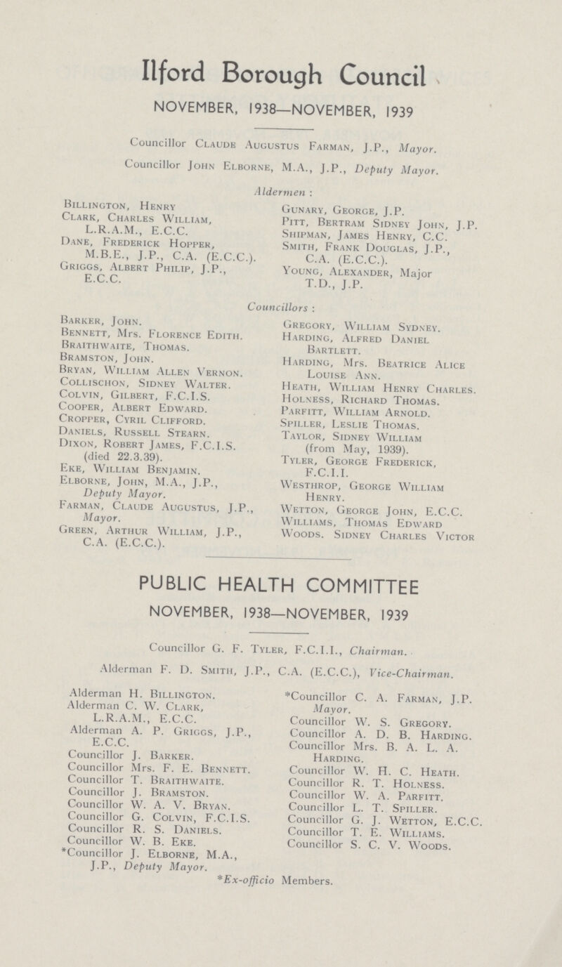 Ilford Borough Council NOVEMBER, 1938—NOVEMBER, 1939 Councillor Claude Augustus Farman, J.P., Mayor. Councillor John Elborne, M.A., J.P., Deputy Mayor. Aldermen: Billington, Henry Clark, Charles William, L.R.A.M., E.C.C. Dane, Frederick Hopper, M.B.E., J.P., C.A. (E.C.C.). Griggs, Albert Philip, J.P., E.C.C. Gunary, George, J.P. Pitt, Bertram Sidney John, J.P. Shipman, James Henry, C.C. Smith, Frank Douglas, J.P., C.A. (E.C.C.). Young, Alexander, Major T.D., J.P. Councillors: Barker, John. Bennett, Mrs. Florence Edith. Braithwaite, Thomas. Bramston, John. Bryan, William Allen Vernon. Collischon, Sidney Walter. Colvin, Gilbert, F.C.I.S. Cooper, Albert Edward. Cropper, Cyril Clifford. Daniels, Russell Stearn. Dixon, Robert James, F.C.I.S. (died 22.3.39). Eke, William Benjamin. Elborne, John, M.A., J.P., Deputy Mayor. Farman, Claude Augustus, J.P., Mayor. Green, Arthur William, J.P., C.A. (E.C.C.). Grecory, William Sydney. Harding, Alfred Daniel Bartlett. Harding, Mrs. Beatrice Alice Louise Ann. Heath, William Henry Charles. Holness, Richard Thomas. Parfitt, William Arnold. Spiller, Leslie Thomas. Taylor, Sidney William (from May, 1939). Tyler, George Frederick, F.C.I.I. Westhrop, George William Henry. Wetton, George John, E.C.C. Williams, Thomas Edward Woods. Sidney Charles Victor PUBLIC HEALTH COMMITTEE NOVEMBER, 1938—NOVEMBER, 1939 Councillor G. F. Tyler, F.C.I.I., Chairman. Alderman F. D. Smith, J.P., C.A. (E.C.C.), Vice-Chairman. Alderman H. Billington. Alderman C. W. Clark, L.R.A.M., E.C.C. Alderman A. P. Griggs, J.P., E.C.C. Councillor J. Barker. Councillor Mrs. F. E. Bennett. Councillor T. Braithwaite. Councillor J. Bramston. Councillor W. A. V. Bryan. Councillor G. Colvin, F.C.I.S. Councillor R. S. Daniels. Councillor W. B. Eke. *Councillor J. Elborne, M.A., J.P., Deputy Mayor. *Councillor C. A. Farman, J.P. Mayor. Councillor W. S. Gregory. Councillor A. D. B. Harding. Councillor Mrs. B. A. L. A. Harding. Councillor W. H. C. Heath. Councillor R. T. Holness. Councillor W. A. Parfitt. Councillor L. T. Spiller. Councillor G. J. Wetton, E.C.C. Councillor T. E. Williams. Councillor S. C. V. Woods. *Ex-officio Members.