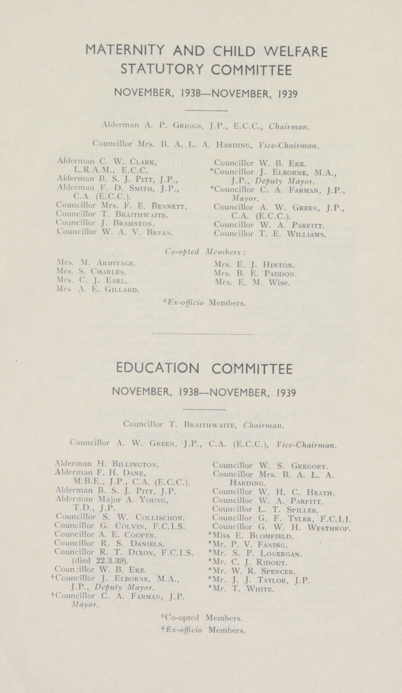 MATERNITY AND CHILD WELFARE STATUTORY COMMITTEE NOVEMBER, 1938—NOVEMBER, 1939 Alderman A. P. Griggs, J.P., E.C.C., Chairman. Councillor Mrs. B. A. L. A. Harding, Vice-Chairman. Alderman C. W. Clark, L.R.A.M., E.C.C. Alderman B. S. J. Pitt, J.P., Alderman F. D. Smith, J.P., C.A. (E.C.C.). Councillor Mrs. F. E. Bennett. Councillor T. Braithwaite. Councillor J. Bramston. Councillor W. A. V. Bryan. Councillor W. B. Eke. *Councillor J. Elborne, M.A., J.P., Deputy Mayor. *Councillor C. A. Farman, J.P., Mayor. Councillor A. W. Green, J.P., C.A. (E.C.C.). Councillor W. A. Parfitt. Councillor T. E. Williams. Co-opted Members : Mrs. M. Armitage. Mrs. S. Charles. Mrs. C. J. Earl. Mrs A. E. Gillard. Mrs. E. J. Hinton. Mrs. B. E. Paddon. Mrs. E. M. Wise. *Ex-officio Members. EDUCATION COMMITTEE NOVEMBER, 1938—NOVEMBER, 1939 Councillor T. Braithwaite, Chairman. Councillor A. W. Green, J.P., C.A. (E.C.C.), Vice-Chairman. Alderman H. Billington. Alderman F. H. Dane, M.B.E., J.P., C.A. (E.C.C.). Alderman B. S. J. Pitt, J.P. Alderman Major A. Young, T.D., J.P. Councillor S. W. Collisciion. Councillor G. Colvin, F.C.I.S. Councillor A. E. Cooper. Councillor R. S. Daniels. Councillor R. T. Dixon, F.C.I.S. (died 22.3.39). Councilor W. B. Eke. †Councillor J. Elborne, M.A., J.P., Deputy Mayor. †Councillor C. A. Farman, J.P. Mayor. Councillor W. S. Gregory. Councillor Mrs. B. A. L. A. Harding. Councillor W. H, C. Heath. Councillor W. A. Parfitt. Councillor L. T. Spiller. Councillor G. F. Tyler, F.C.I.I. Councillor G. W. H. Westhrop. *Miss E. Blomfield. *Mr. P. V. Faning. *Mr. S. P. Lonergan. *Mr. C. J. Ridout. *Mr. W. R. Spencer. *Mr. J. J. Taylor, J.P. *Mr. T. White. *Co-opted Members, †Ex-oflicio Members.