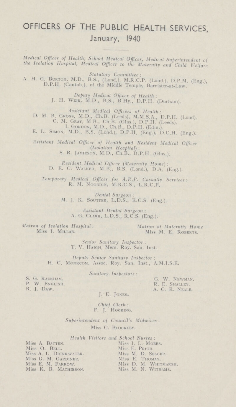 OFFICERS OF THE PUBLIC HEALTH SERVICES, January, 1940 Medical Officer of Health, School Medical Officer, Medical Superintendent of the Isolation Hospital, Medical Officer to the Maternity and Child Welfare Statutory Committee : A. H. G. Burton, M.D., B.S., (Lond.), M.R.C.P. (Lond.), D.P.M. (Eng.), D.P.H. (Cantab.), of the Middle Temple, Barrister-at-Law. Deputy Medical Officer of Health : J. H. Weir, M.D., B.S., B.Hy., D.P.H. (Durham). Assistant Medical Officers of Health : D. M. B. Gross, M.D., Ch.B. (Leeds), M.M.S.A., D.P.H. (Lond). C. M. Gray, M.B., Ch.B. (Glas.), D.P.H. (Leeds). I. Gordon, M.D., Ch.B., D.P.H. (Edin.). E. L. Simon, M.D., B.S. (Lond.), D.P.H. (Eng.), D.C.H. (Eng.). Assistant Medical Officer of Health and Resident Medical Officer (Isolation Hospital) : S. R. Jamieson, M.D., Ch.B., D.P.H. (Glas.). Resident Medical Officer (Maternity Home) : D. E. C. Walker, M.B., B.S. (Lond.), D.A. (Eng.). Temporary Medical Officer for A.R.I'. Casualty Services: R. M. Noordin, M.R.C.S., L.R.C.P. Dental Surgeon : M. J. K. Soutter, L.D.S., R.C.S. (Eng.). Assistant Dental Surgeon : A. G. Clark, L.D.S., R.C.S. (Eng.). Matron of Isolation Hospital: Matron of Maternity Home Miss I. Millar. Miss M. E. Roberts. Senior Sanitary Inspector : T. V. Haigh, Mem. Roy. San. Inst. Deputy Senior Sanitary Inspector : H. C. Monkcom, Assoc. Roy. San. Inst., A.M.I.S.E. Sanitary Inspectors: S. G. Rackham. P. W. English. R. J. Daw. G. W. Newman. R. E. Smalley. A. C. R. Neale. J. E. Jones. Chief Clerk : F. J. Hocking. Superintendent of Council's Midwives : Miss C. Blockley. Health Visitors and School Nurses : Miss A. Batten. Miss O. Bell. Miss A. L. Drinkwater. Miss G. M. Gardiner. Miss E. M. Farrow. Miss K. B. Mathieson. Miss I. L. Mobbs. Miss E. Prior. Miss M. D. Seacer. Miss E. Thomas, Miss D. M. Whitmarsii. Miss M. N. Withams.