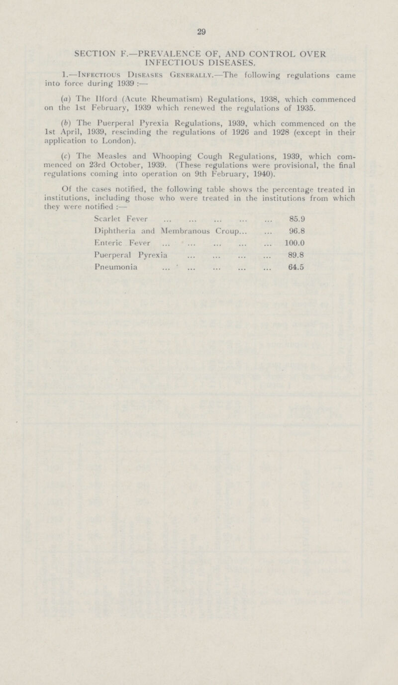 29 SECTION F.—PREVALENCE OF, AND CONTROL OVER INFECTIOUS DISEASES. 1.—Infectious Diseases Generally.—The following regulations came into force during 1939 :— (a) The Ilford (Acute Rheumatism) Regulations, 1938, which commenced on the 1st February, 1939 which renewed the regulations of 1935. (b) The Puerperal Pyrexia Regulations, 1939, which commenced on the 1st April, 1939, rescinding the regulations of 1926 and 1928 (except in their application to London). (c) The Measles and Whooping Cough Regulations, 1939, which com menced on 23rd October, 1939. (These regulations were provisional, the final regulations coming into operation on 9th February, 1940). Of the cases notified, the following table shows the percentage treated in institutions, including those who were treated in the institutions from which they were notified :— Scarlet Fever 85.9 Diphtheria and Membranous Croup 96.8 Enteric FeVer 100.0 Puerperal Pyrexia 89.8 Pneumonia ' 64.5