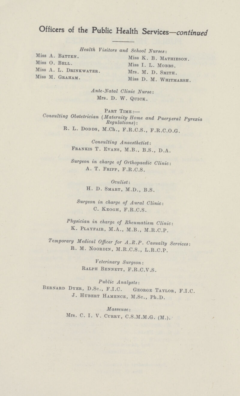 Officers of the Public Health Services—continued Health Visitors and School Nurses: Miss A. Batten. Miss K. B. Mathieson. Miss 0. Bell. Miss I. L. Mobbs. Miss A. L. Drinkwater. Mrs. M. D. Smith. Miss M. Graham. Miss D. M. Whitmarsh. Ante-Natal Clinic Nurse: Mrs. D. W. Quick. Part Time:— Consulting Obstetrician (Maternity Home and Puerperal Pyrexia Regulations): R. L. Dodds, M.Ch., F.R.C.S., F.R.C.O.G. Consulting Anaesthetist: Frankis T. Evans, M.B., B.S., D.A. Surgeon in charge of Orthopaedic Clinic: A. T. Fripp, F.R.C.S. Oculist: H. D. Smart, M.D., B.S. Surgeon in charge of Aural Clinic: C. Keogh, F.R.C.S. Physician in charge of Rheumatism Clinic: K. Playfair, M.A., M.B., M.R.C.P. Temporary Medical Officer for A.R.P. Casualty Services: R. M. Noordin, M.R.C.S., L.R.C.P. Veterinary Surgeon: Ralph Bennett, F.R.C.V.S. Public Analysts: Bernard Dyer, D.Sc., F.I.C. George Taylor, F.I.C. J. Hubert Hamence, M.Sc., Ph.D. Masseuse: Mrs. C. I. V. Curry, C.S.M.M.G. (M.).