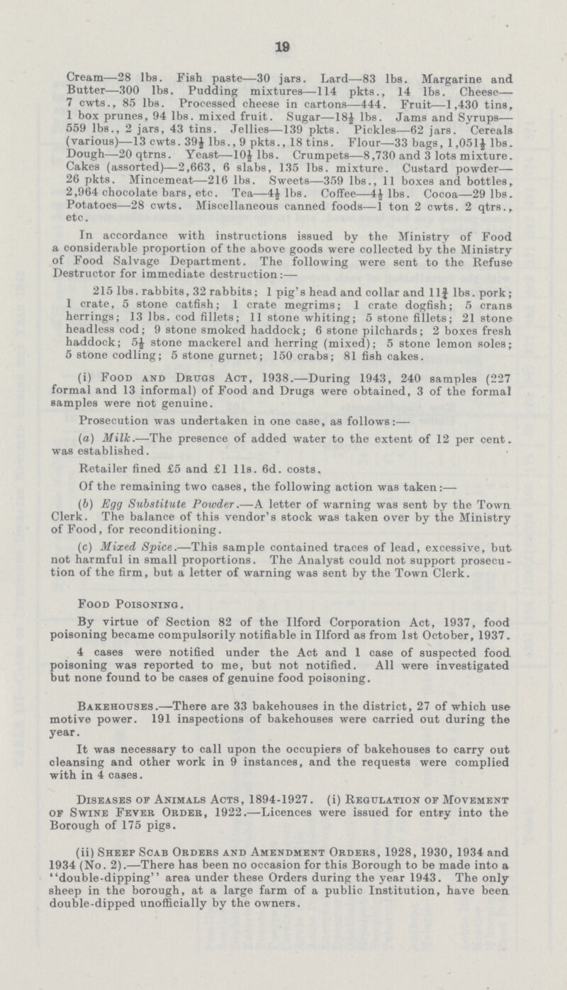 19 Cream—28 lbs. Fish paste—30 jars. Lard—83 lbs. Margarine and Butter—300 lbs. Pudding mixtures—114 pkts., 14 lbs. Cheese— 7 cwts., 85 lbs. Processed cheese in cartons—444. Fruit—1,430 tins, 1 box prunes, 94 lbs. mixed fruit. Sugar—18½ lbs. Jams and Syrups— 559 lbs., 2 jars, 43 tins. Jellies—139 pkts. Pickles—62 jars. Cereals (various)—13 cwts. 39£ lbs., 9 pkts., 18 tins. Flour—33 bags, 1,051 lbs. Dough—20 qtrns. Yeast—10½ lbs. Crumpets—8,730 and 3 lots mixture. Cakes (assorted)—2,663, 6 slabs, 135 lbs. mixture. Custard powder— 26 pkts. Mincemeat—216 lbs. Sweets—359 lbs., 11 boxes and bottles, 2,964 chocolate bars, etc. Tea—4½ lbs. Coffee—4½ lbs. Cocoa—29 lbs. Potatoes—28 cwts. Miscellaneous canned foods—1 ton 2 cwts. 2 qtrs., etc. In accordance with instructions issued by the Ministry of Food a considerable proportion of the above goods were collected by the Ministry of Food Salvage Department. The following were sent to the Refuse Destructor for immediate destruction:— 215 lbs. rabbits, 32 rabbits; 1 pig's head and collar and 11} lbs. pork; 1 crate, 5 stone catfish; 1 crate megrims; 1 crate dogfish; 5 crans herrings; 13 lbs. cod fillets; 11 stone whiting; 5 stone fillets; 21 stone headless cod; 9 stone smoked haddock; 6 stone pilchards; 2 boxes fresh haddock; 5½ stone mackerel and herring (mixed); 5 stone lemon soles; 5 stone codling; 5 stone gurnet; 150 crabs; 81 fish cakes. (i) Food and Drugs Act, 1938.—During 1943, 240 samples (227 formal and 13 informal) of Food and Drugs were obtained, 3 of the formal samples were not genuine. Prosecution was undertaken in one case, as follows:— (a) Milk.—The presence of added water to the extent of 12 per cent. was established. Retailer fined £5 and £1 11s. 6d. costs. Of the remaining two cases, the following action was taken:— (b) Egg Substitute Powder.—A letter of warning was sent by the Town Clerk. The balance of this vendor's stock was taken over by the Ministry of Food, for reconditioning. (c) Mixed Spice.—This sample contained traces of lead, excessive, but not harmful in small proportions. The Analyst could not support prosecu tion of the firm, but a letter of warning was sent by the Town Clerk. Food Poisoning. By virtue of Section 82 of the Ilford Corporation Act, 1937, food poisoning became compulsorily notifiable in Ilford as from 1st October, 1937. 4 cases were notified under the Act and 1 case of suspected food poisoning was reported to me, but not notified. All were investigated but none found to be cases of genuine food poisoning. Bakehouses.—There are 33 bakehouses in the district, 27 of which use motive power. 191 inspections of bakehouses were carried out during the year. It was necessary to call upon the occupiers of bakehouses to carry out cleansing and other work in 9 instances, and the requests were complied with in 4 cases. Diseases of Animals Acts, 1894-1927. (i) Regulation op Movement of Swine Fever Order, 1922.—Licences were issued for entry into the Borough of 175 pigs. (ii) Sheep Scab Orders and Amendment Orders , 1928, 1930, 1934 and 1934 (No. 2).—There has been no occasion for this Borough to be made into a double-dipping area under these Orders during the year 1943. The only sheep in the borough, at a large farm of a public Institution, have been double-dipped unofficially by the owners.