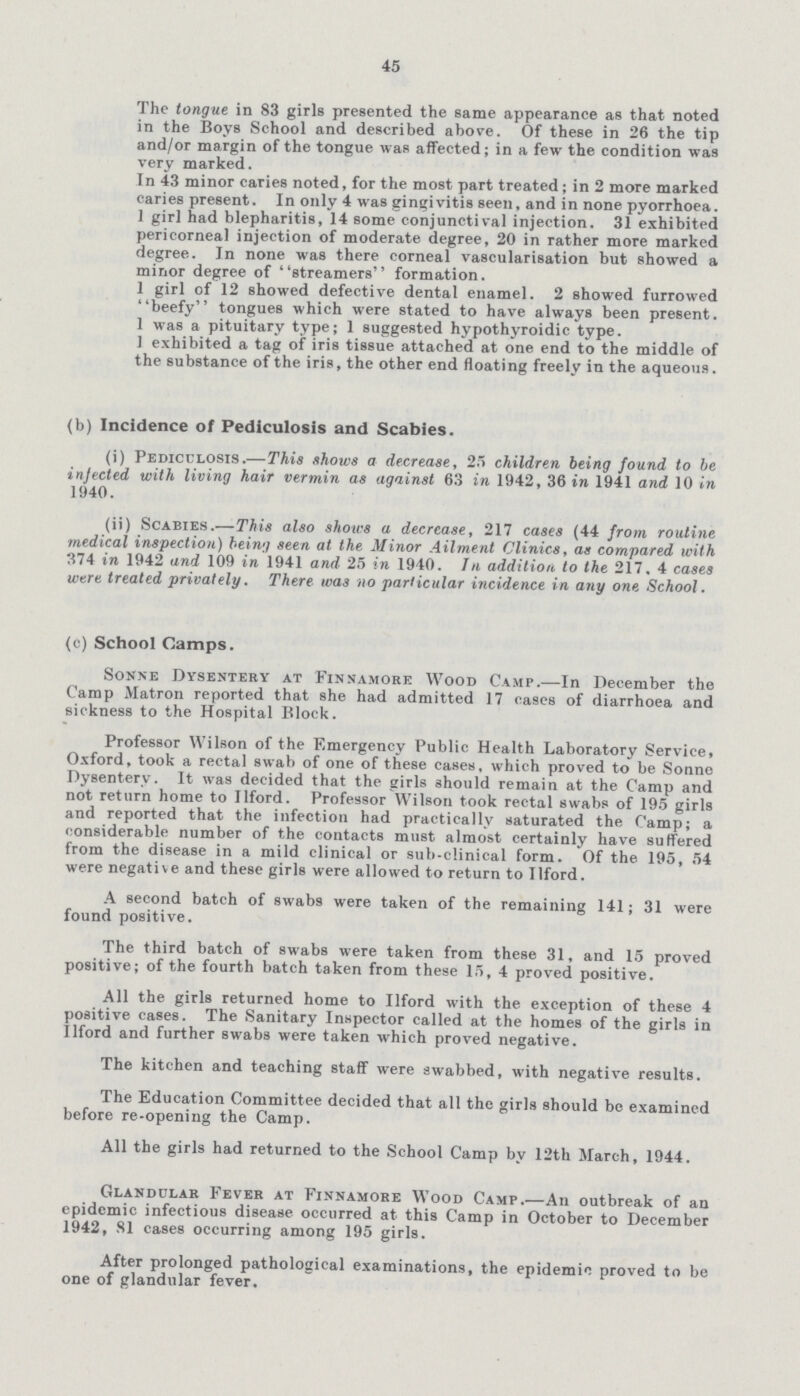 45 The tongue in 83 girls presented the same appearance as that noted in the Bovs School and described above. Of these in 26 the tip and/or margin of the tongue was affected; in a few the condition was very marked. In 43 minor caries noted, for the most part treated; in 2 more marked caries present. In only 4 was gingivitis seen, and in none pyorrhoea. 1 girl had blepharitis, 14 some conjunctival injection. 31 exhibited pericorneal injection of moderate degree, 20 in rather more marked degree. In none was there corneal vascularisation but showed a minor degree of streamers formation. 1 girl of 12 showed defective dental enamel. 2 showed furrowed beefy tongues which were stated to have always been present. 1 was a pituitary type; 1 suggested hypothyroidic type. 1 exhibited a tag of iris tissue attached at one end to the middle of the substance of the iris, the other end floating freely in the aqueous. (b) Incidence of Pediculosis and Scabies. (i) Pediculosis.— This shows a decrease, 25 children being found to be injected with living hair vermin as against 63 in 1942, 36 in 1941 and 10 in 1940. (ii) Scabies.—This also shows a decrease, 217 cases (44 from routine medical inspection) being seen at the Minor Ailment Clinics, as compared with 374 in 1942 and 109 in 1941 and 25 in 1940. In addition to the 217. 4 cases were treated privately. There wa3 no particular incidence in any one. School. (c) School Camps. Sonne Dysentery at Finnamore Wood Camp.—In December the Camp Matron reported that she had admitted 17 cases of diarrhoea and sickness to the Hospital Block. Professor Wilson of the F.mergencv Public Health Laboratory Service, Oxford, took a rectal swab of one of these cases, which proved to be Sonne Dysentery. It was decided that the girls should remain at the Camp and not return home to Ilford. Professor Wilson took rectal swabs of 195 girls and reported that the infection had practically saturated the Camp; a considerable number of the contacts must almost certainly have suffered from the disease in a mild clinical or sub-clinical form. Of the 195, 54 were negative and these girls were allowed to return to Ilford. A second batch of swabs were taken of the remaining 141; 31 were found positive. The third batch of swabs were taken from these 31, and 15 proved positive; of the fourth batch taken from these 15, 4 proved positive. All the girls returned home to Ilford with the exception of these 4 positive cases. The Sanitary Inspector called at the homes of the girls in Ilford and further swabs were taken which proved negative. The kitchen and teaching staff were swabbed, with negative results. The Education Committee decided that all the girls should be examined before re-opening the Camp. All the girls had returned to the School Camp by 12th March, 1944. Glandular Fever at Finnamore Wood Camp.—An outbreak of an epidemic infectious disease occurred at this Camp in October to December 1942, SI cases occurring among 195 girls. After prolonged pathological examinations, the epidemic proved to be one of glandular fever.