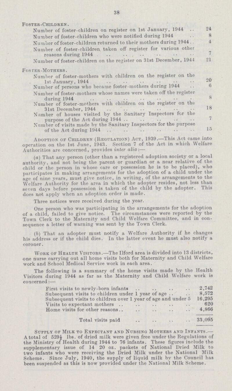 38 Foster-Children. Number of foster-children on register on 1st January. 1944 .. 24 Number of foster-children who were notified during 1944 . 8 Number of foster-children returned to their mothers during 1944 . 4 Number of foster-children taken off register for various other reasons during 1944 7 Number of foster-children on the register on 31st December, 1944 21 Foster-Mothers. Number of foster-mothers with children on the register on the 1st January, 1944 20 Number of persons who became foster-mothers during 1944 6 Number of foster-mothers whose names were taken off the register during 1944 8 Number of foster-mothers with children on the register on the 31st December, 1944 18 Number of houses visited by the Sanitary Inspectors for the purpose of the Act during 1944 7 Number of visits made bv the Sanitary Inspectors for the purpose of the Act during 1944 15 Adoption of Children (Regulation) Act, 1939.—This Act came into operation on the 1st June, 1943. Section 7 of the Act in which Welfare Authorities are concerned, provides inter alia:— (а) That any person (other than a registered adoption society or a local authority, and not being the parent or guardian or a near relative of the child or the person in whose care or possession he is to be placed), who participates in making arrangements for the adoption of a child under the age of nine years, must give notice, in writing, of the arrangements to the Welfare Authority for the area in which the adopter resides, not less than seven days before possession is taken of the child by the adopter. This does not apply when an adoption order is made. Three notices were received during the year. One person who was participating in the arrangements for the adoption of a child, failed to give notice. The circumstances were reported by the Town Clerk to the Maternity and Child Welfare Committee, and in con sequence a letter of warning was sent by the Town Clerk. (b) That an adopter must notify a Welfare Authority if he changes his address or if the child dies. In the latter event he must also notify a coroner. Work of Health Visitors.—The Ilford area is divided into 13 districts, one nurse carrying out all home visits both for Maternity and Child Welfare work and School Medical Service work in each area. The following is a summary of the home visits made by the Health Visitors during 1944 as far as the Maternity and Child Welfare work is concerned:— First visits to newly-born infants 2,742 Subsequent visits to children under 1 year of age 8,572 Subsequent visits to children over 1 year of age and under 5 16,295 Visits to expectant mothers 620 Home visits for other reasons 4,866 Total visits paid 33,095 Supply of Milk to Expectant and Nursing Mothers and Infants.— A total of 529½ lbs. of dried milk were given free under the Regulations of the Ministry of Health during 1944 to 76 infants. These figures include the supplementary issue of 14 20 oz. packets of National Dried Milk to two infants who were receiving the Dried Milk under the National Milk Scheme. Since July, 1940, the supply of liquid milk by the Council has been suspended as this is now provided under the National Milk Scheme.