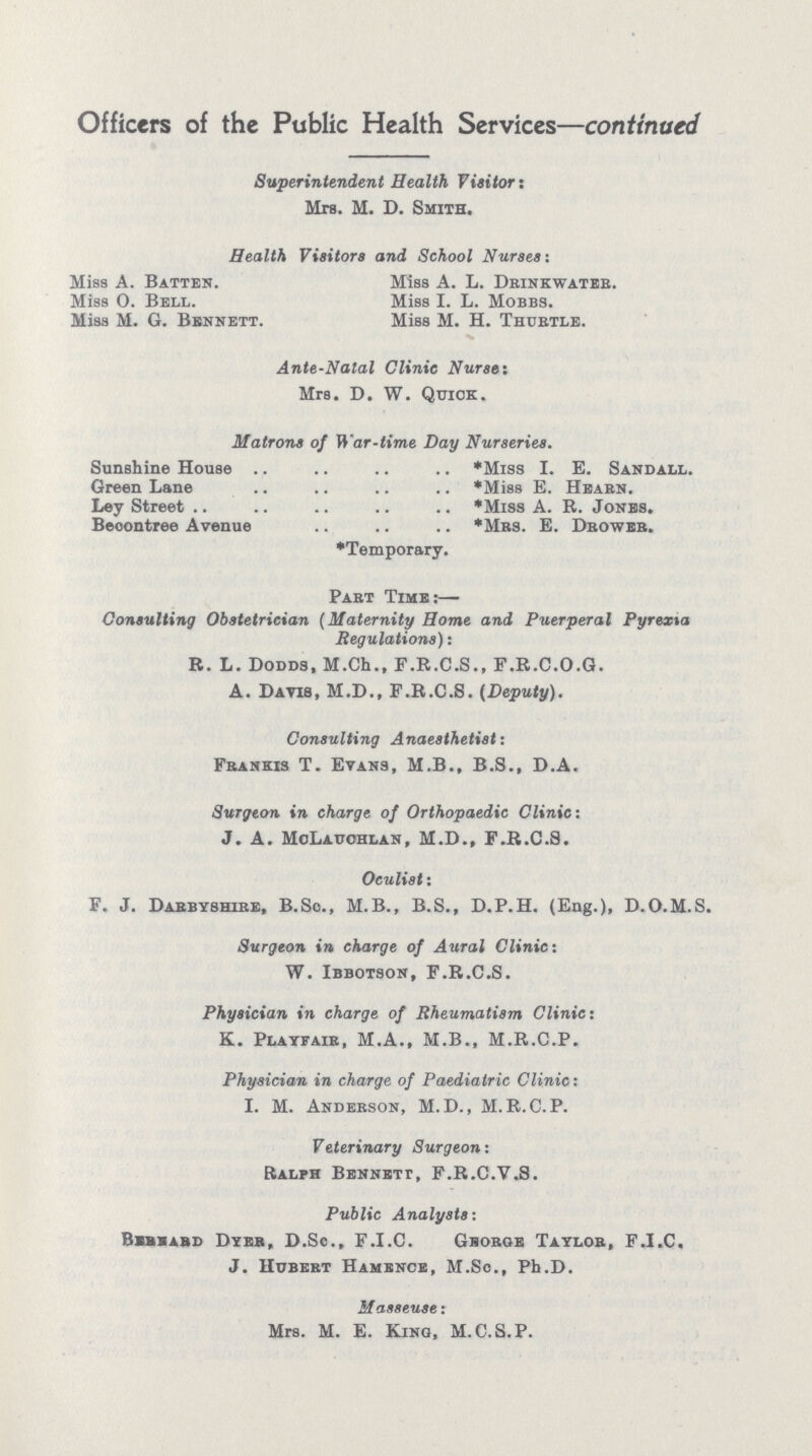 Officers of the Public Health Services—continued Superintendent Health Visitor: Mrs. M. D. Smith. Health Visitors and School Nurses: Miss A. Batten. Miss A. L. Drinkwater. Miss 0. Bell. Miss I. L. Mobbs. Miss M. G. Bennett. Miss M. H. Thurtle. Ante-Natal Clinic Nurse: Mrs. D. W. Quick. Matrons of War-time Day Nurseries. Sunshine House . Green Lane Ley Street Becontree Avenue *Miss I. E. Sandall. *Miss E. Hearn. *Miss A. R. Jones. *Mrs. E. Drower. *Temporary. Part Time:— Consulting Obstetrician (Maternity Home and Puerperal Pyrexia Regulations): R. L. Dodds, M.Ch., F.R.C.S., F.R.C.O.G. A. Davis, M.D., F.R.C.S. (Deputy). Consulting Anaesthetist: Frankis T. Evans, M.B., B.S., D.A. Surgeon in charge of Orthopaedic Clinic: J. A. McLauchlan, M.D., F.R.C.S. Oculist: F. J. Darbyshire, B.So., M.B., B.S., D.P.H. (Eng.), D.O.M.S. Surgeon in charge of Aural Clinic: W. Ibbotson, F.R.C.S. Physician in charge of Rheumatism Clinic: K. Playfair, M.A., M.B., M.R.C.P. Physician in charge of Paediatric Clinic: I. M. Andebson, M.D., M.R.C.P. Veterinary Surgeon: Ralph Bennett, F.R.C.V.S. Public Analysts: Bernard Dyer, D.Sc., F.I.C. George Taylor, F.I.C. J. hubert Hamence, M.Sc., Ph.D. Masseuse: Mrs. M. E. King, M.C.S.P.