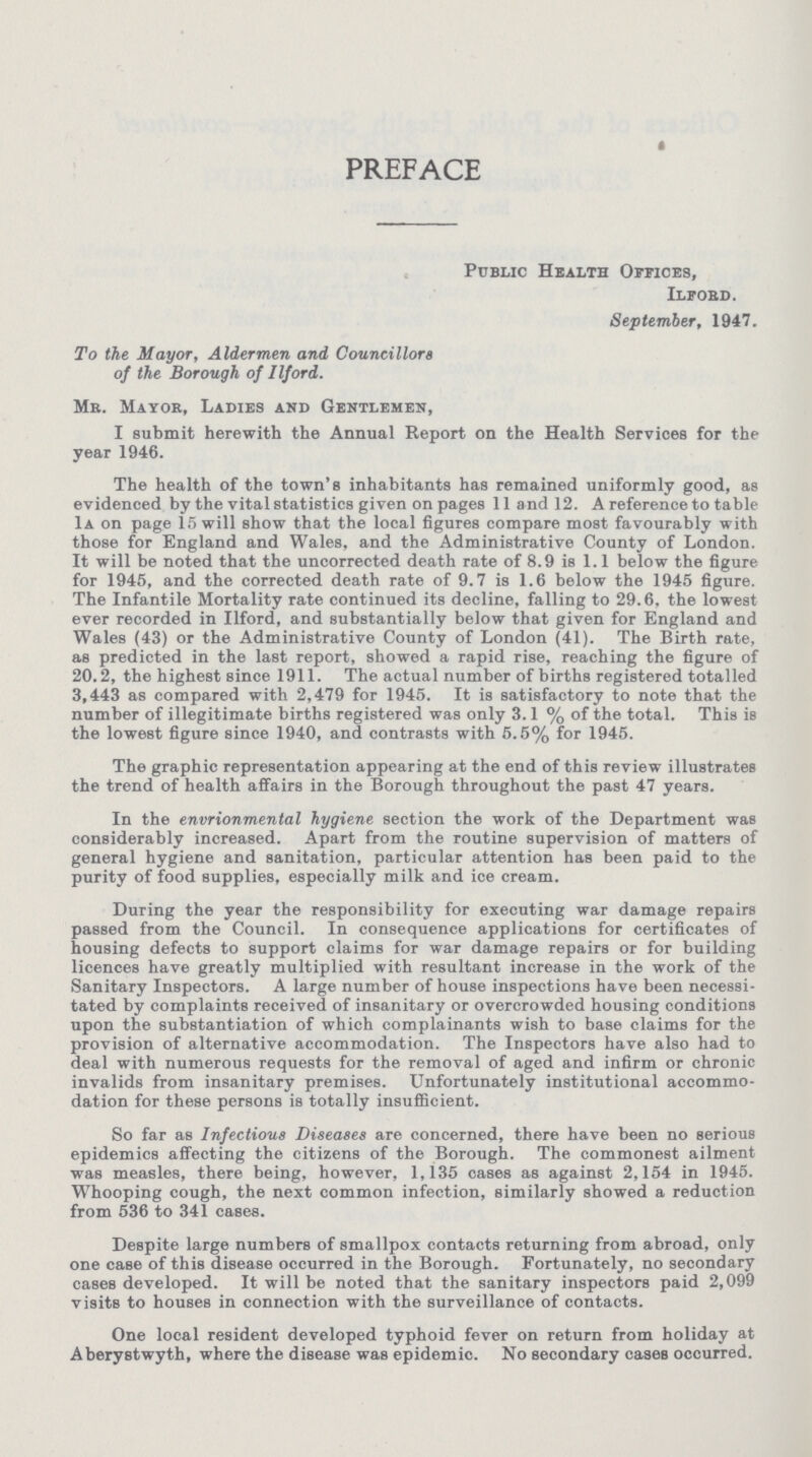 PREFACE Public Health Offices, Ilfobd. September, 1947. To the Mayor, Aldermen and Councillors of the Borough of Ilford. Me. Mayor, Ladies and Gentlemen, I submit herewith the Annual Report on the Health Services for the year 1946. The health of the town's inhabitants has remained uniformly good, as evidenced by the vital statistics given on pages 11 and 12. A reference to table 1a on page 15 will show that the local figures compare most favourably with those for England and Wales, and the Administrative County of London. It will be noted that the uncorrected death rate of 8.9 is 1.1 below the figure for 1945, and the corrected death rate of 9.7 is 1.6 below the 1945 figure. The Infantile Mortality rate continued its decline, falling to 29.6. the lowest ever recorded in Ilford, and substantially below that given for England and Wales (43) or the Administrative County of London (41). The Birth rate, as predicted in the last report, showed a rapid rise, reaching the figure of 20.2, the highest since 1911. The actual number of births registered totalled 3,443 as compared with 2,479 for 1945. It is satisfactory to note that the number of illegitimate births registered was only 3.1% of the total. This is the lowest figure since 1940, and contrasts with 5.5% for 1945. The graphic representation appearing at the end of this review illustrates the trend of health affairs in the Borough throughout the past 47 years. In the envrionmental hygiene section the work of the Department was considerably increased. Apart from the routine supervision of matters of general hygiene and sanitation, particular attention has been paid to the purity of food supplies, especially milk and ice cream. During the year the responsibility for executing war damage repairs passed from the Council. In consequence applications for certificates of housing defects to support claims for war damage repairs or for building licences have greatly multiplied with resultant increase in the work of the Sanitary Inspectors. A large number of house inspections have been necessi tated by complaints received of insanitary or overcrowded housing conditions upon the substantiation of which complainants wish to base claims for the provision of alternative accommodation. The Inspectors have also had to deal with numerous requests for the removal of aged and infirm or chronic invalids from insanitary premises. Unfortunately institutional accommo dation for these persons is totally insufficient. So far as Infectious Diseases are concerned, there have been no serious epidemics affecting the citizens of the Borough. The commonest ailment was measles, there being, however, 1,135 cases as against 2,154 in 1945. Whooping cough, the next common infection, similarly showed a reduction from 536 to 341 cases. Despite large numbers of smallpox contacts returning from abroad, only one case of this disease occurred in the Borough. Fortunately, no secondary cases developed. It will be noted that the sanitary inspectors paid 2,099 visits to houses in connection with the surveillance of contacts. One local resident developed typhoid fever on return from holiday at Aberystwyth, where the disease was epidemic. No secondary cases occurred.