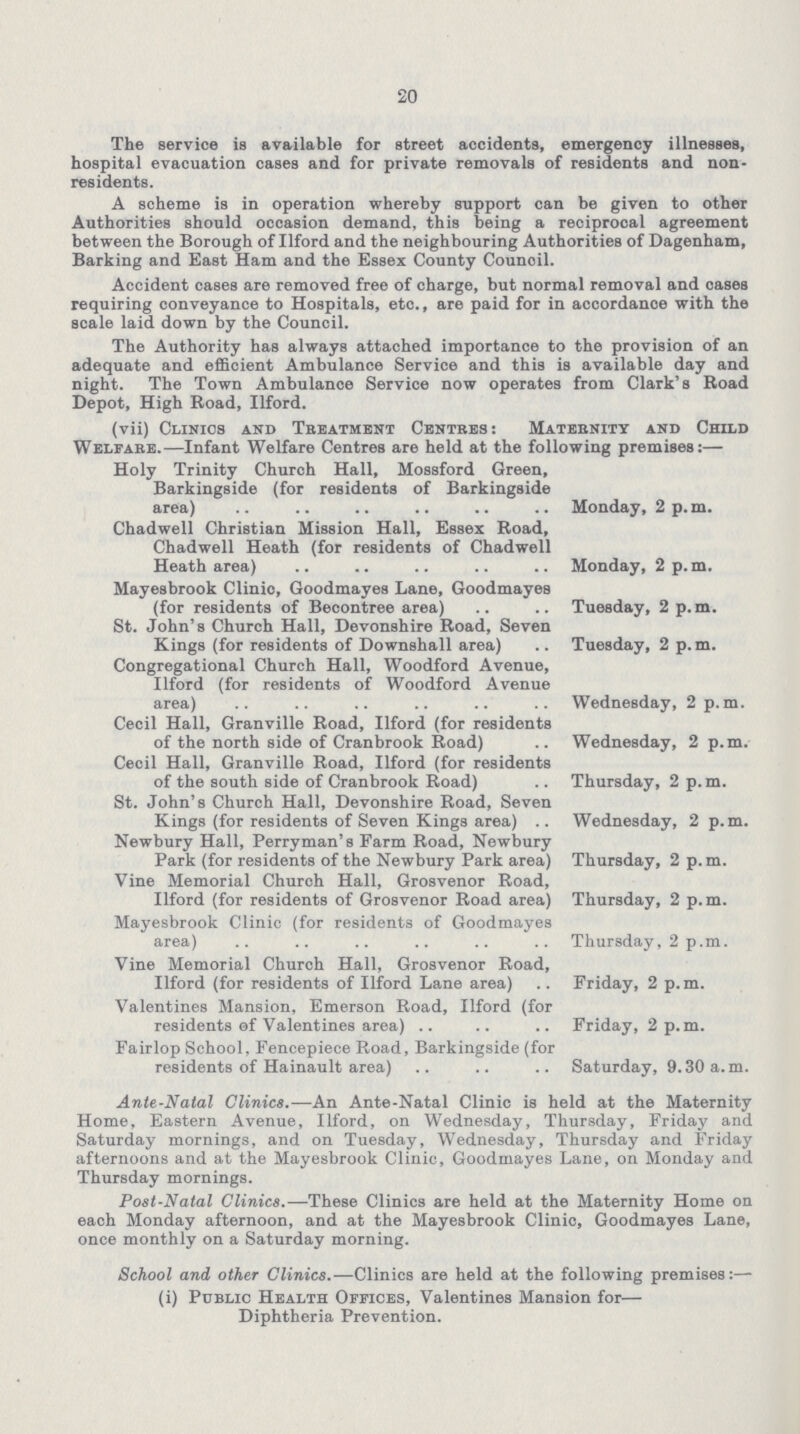 20 The service is available for street accidents, emergency illnesses, hospital evacuation cases and for private removals of residents and non residents. A scheme is in operation whereby support can be given to other Authorities should occasion demand, this being a reciprocal agreement between the Borough of Ilford and the neighbouring Authorities of Dagenham, Barking and East Ham and the Essex County Council. Accident cases are removed free of charge, but normal removal and cases requiring conveyance to Hospitals, etc., are paid for in accordance with the scale laid down by the Council. The Authority has always attached importance to the provision of an adequate and efficient Ambulance Service and this is available day and night. The Town Ambulance Service now operates from Clark's Road Depot, High Road, Ilford. (vii) Clinics and Treatment Centres: Maternity and Child Welfare.—Infant Welfare Centres are held at the following premises:— Holy Trinity Church Hall, Mossford Green, Barkingside (for residents of Barkingside area) Monday, 2 p.m. Chadwell Christian Mission Hall, Essex Road, Chadwell Heath (for residents of Chadwell Heath area) Monday, 2 p.m. Mayesbrook Clinic, Goodmayes Lane, Goodmayes (for residents of Becontree area) Tuesday, 2 p.m. St. John's Church Hall, Devonshire Road, Seven Kings (for residents of Downshall area) Tuesday, 2 p.m. Congregational Church Hall, Woodford Avenue, Ilford (for residents of Woodford Avenue area) Wednesday, 2 p.m. Cecil Hall, Granville Road, Ilford (for residents of the north side of Cranbrook Road) .. Wednesday, 2 p.m. Cecil Hall, Granville Road, Ilford (for residents of the south side of Cranbrook Road) Thursday, 2 p.m. St. John's Church Hall, Devonshire Road, Seven Kings (for residents of Seven Kings area) Wednesday, 2 p.m. Newbury Hall, Perryman's Farm Road, Newbury Park (for residents of the Newbury Park area) Thursday, 2 p. m. Vine Memorial Church Hall, Grosvenor Road, Ilford (for residents of Grosvenor Road area) Thursday, 2 p.m. Mayesbrook Clinic (for residents of Goodmayes area) Thursday, 2 p.m. Vine Memorial Church Hall, Grosvenor Road, Ilford (for residents of Ilford Lane area) Friday, 2 p. m. Valentines Mansion, Emerson Road, Ilford (for residents of Valentines area) Friday, 2 p.m. Fairlop School, Fencepiece Road, Barkingside (for residents of Hainault area) Saturday, 9.30 a.m. Ante-Natal Clinics.—An Ante-Natal Clinic is held at the Maternity Home, Eastern Avenue, Ilford, on Wednesday, Thursday, Friday and Saturday mornings, and on Tuesday, Wednesday, Thursday and Friday afternoons and at the Mayesbrook Clinic, Goodmayes Lane, on Monday and Thursday mornings. Post-Natal Clinics.—These Clinics are held at the Maternity Home on each Monday afternoon, and at the Mayesbrook Clinio, Goodmayes Lane, once monthly on a Saturday morning. School and other Clinics.—Clinics are held at the following premises:— (i) Public Health Offices, Valentines Mansion for— Diphtheria Prevention.