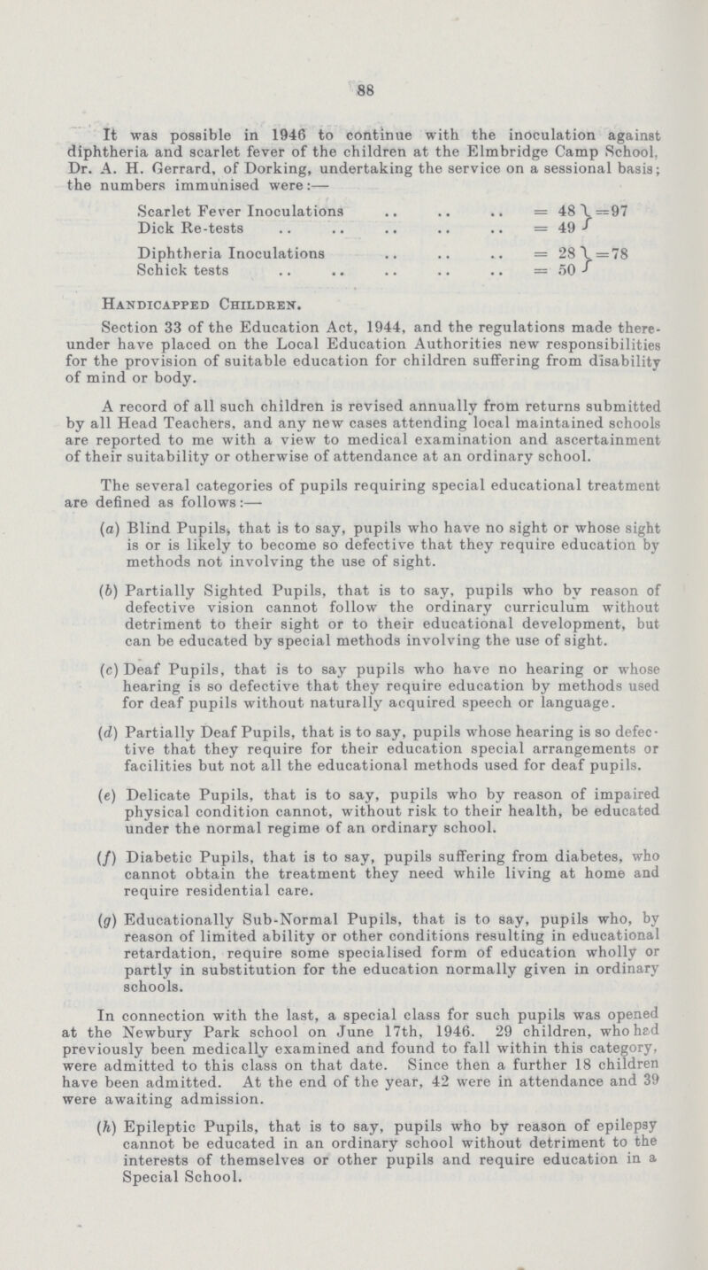 88 It was possible in 1946 to continue with the inoculation against diphtheria and scarlet fever of the children at the Elmbridge Camp School, Dr. A. H. Gerrard, of Dorking, undertaking the service on a sessional basis; the numbers immunised were Scarlet Fever Inoculations = 48}= 97 Dick Re-tests = 49} Diphtheria Inoculations = 28}=78 Schick tests =50} Handicapped Children. Section 33 of the Education Act, 1944, and the regulations made there under have placed on the Local Education Authorities new responsibilities for the provision of suitable education for children suffering from disability of mind or body. A record of all such children is revised annually from returns submitted by all Head Teachers, and any new cases attending local maintained schools are reported to me with a view to medical examination and ascertainment of their suitability or otherwise of attendance at an ordinary school. The several categories of pupils requiring special educational treatment are defined as follows:— (а) Blind Pupils, that is to say, pupils who have no sight or whose sight is or is likely to become so defective that they require education by methods not involving the use of sight. (b) Partially Sighted Pupils, that is to say, pupils who by reason of defective vision cannot follow the ordinary curriculum without detriment to their sight or to their educational development, but can be educated by special methods involving the use of sight. (c) Deaf Pupils, that is to say pupils who have no hearing or whose hearing is so defective that they require education by methods used for deaf pupils without naturally acquired speech or language. (d) Partially Deaf Pupils, that is to say, pupils whose hearing is so defec tive that they require for their education special arrangements or facilities but not all the educational methods used for deaf pupils. (e) Delicate Pupils, that is to say, pupils who by reason of impaired physical condition cannot, without risk to their health, be educated under the normal regime of an ordinary school. (f) Diabetic Pupils, that is to say, pupils suffering from diabetes, who cannot obtain the treatment they need while living at home and require residential care. (g) Educationally Sub-Normal Pupils, that is to say, pupils who, by reason of limited ability or other conditions resulting in educational retardation, require some specialised form of education wholly or partly in substitution for the education normally given in ordinary schools. In connection with the last, a special class for such pupils was opened at the Newbury Park school on June 17th, 1946. 29 children, who had previously been medically examined and found to fall within this category, were admitted to this class on that date. Since then a further 18 children have been admitted. At the end of the year, 42 were in attendance and 39 were awaiting admission. (h) Epileptic Pupils, that is to say, pupils who by reason of epilepsy cannot be educated in an ordinary school without detriment to the interests of themselves or other pupils and require education in a Special School.