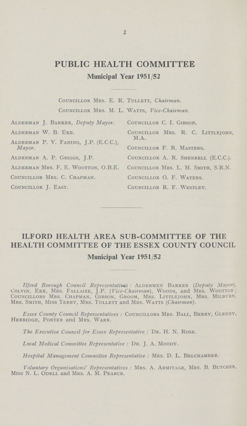 2 PUBLIC HEALTH COMMITTEE Municipal Year 1951/52 Councillor Mrs. E. R. Tullett, Chairman. Councillor Mrs. M. L. Watts, Vice-Chairman. Alderman J. Barker, Deputy Mayor. Alderman W. B. Eke. Alderman P. V. Faning, J.P. (E.C.C.), Mayor. Alderman A. P. Griggs, J.P. Alderman Mrs. F. E. Wootton, O.B.E. Councillor Mrs. C. Chapman. Councillor J. East. Councillor C. I. Gibson. Councillor Mrs. R. C. Littlejohn, M.A. Councillor F. R. Masters. Councillor A. R. Sherrell (E.C.C.). Councillor Mrs. L. M. Smith, S.R.N. Councillor O. F. Waters. Councillor R. F. Westley. ILFORD HEALTH AREA SUB-COMMITTEE OF THE HEALTH COMMITTEE OF THE ESSEX COUNTY COUNCIL Municipal Year 1951/52 Ilford. Borough Council Representatives: Aldermen Barker (Deputy Mayor), Colvin, Eke, Mrs. Fallaize, J.P. (Vice-Chairman), Woods, and Mrs. Wootton; Councillors Mrs. Chapman, Gibson, Groom, Mrs. Littlejohn, Mrs. Milburn, Mrs. Smith, Miss Terry, Mrs. Tullett and Mrs. Watts (Chairman). Essex County Council Representatives: Councillors Mrs. Ball, Berry, Glenny, Herridge, Porter and Mrs. Warr. The Executive Council for Essex Representative: Dr. H. N. Rose. Local Medical Committee Representative: Dr. J. A. Moody. Hospital Management Committee Representative: Mrs. D. L. Belchamber. Voluntary Organisations' Representatives: Mrs. A. Armitage, Mrs. B. Butcher, Miss N. L. Odell and Mrs. A. M. Pearce.