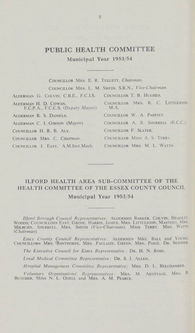 2 PUBLIC HEALTH COMMITTEE Municipal Year 1953/54 Councillor Mrs. E. R. Tullett, Chairman. Councillor Mrs. L. M. Smith, S.R.N., Vice-Chairman. Alderman G. Colvin, C.B.E.. F.C.I.S. Councillor T. B. Hughes. Alderman H. D. Cowan, F.C.P.A., F.C.C.S. (Deputy Mayor) Alderman R. S. Daniels. Alderman C. I. Gibson (Mayor). Councillor H. R. B. Aly. Councillor Mrs. C. Chapman. Councillor Mrs. R. C. Littlejohn, M.A. Councillor W. A. Parfitt. Councillor A. R. Sherrell (E.C.C.). Councillor F. Slater. Councillor Miss A. S. Terry. Councillor J. East. A.M.Inst.Mech. Councillor Mrs. M. L. Watts. ILFORD HEALTH AREA SUB-COMMITTEE OF THE HEALTH COMMITTEE OF THE ESSEX COUNTY COUNCIL Municipal Year 1953/54 Ilford Borough Council Representatives: Aldermen Barker, Colvin, Headley. Woods; Councillors East, Grose, Harris, James, Mrs. Littlejohn, Masters. Mrs. Milburn, Sherrell. Mrs. Smith (Vice-Chairman), Miss Terry, Mrs. Watts (Chairman). Essex County Council Representatives: Aldermen Mrs. Ball and Young; Councillors Mrs. Banthorpe, Mrs. Fallaize, Green, Mrs. Paige, Dr. Skinner. The Executive Council for Essex Representative: Dr. H. N. Rose. Local Medical Committee Representative: Dr. S. J. Allen. Hospital Management Committee Representative: Mrs. D. L. Belchamber. Voluntary Organisations' Representatives: Mrs. M. Armitage, Mrs. B. Butcher, Miss N. L. Odell and Mrs. A. M. Pearce.