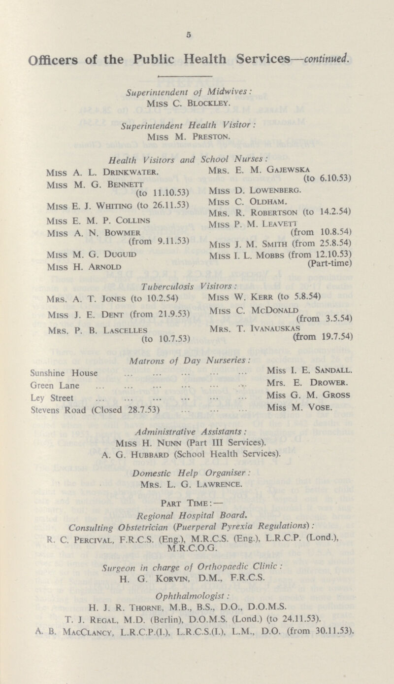 5 Officers of the Public Health Services—continued. Superintendent of Midwives: Miss C. Blocklley. Superintendent Health Visitor: Miss M. Preston. Health Visitors and School Nurses: Miss A. L. Drinkwater. Miss M. G. Bennett (to 11.10.53) Miss E. J. Whiting (to 26.11.53) Miss E. M. P. Collins Miss A. N. Bowmer (from 9.11.53) Miss M. G. Duguid Miss H. Arnold Mrs. E. M. Gajewska (to 6.10.53) Miss D. Lowenberg. Miss C. Oldham. Mrs. R. Robertson (to 14.2.54) Miss P.M. Leavett (from 10.8.54) Miss J. M. Smith (from 25.8.54) Miss I. L. Mobbs (from 12.10.53) (Part-time) Tuberculosis Visitors: Mrs. A. T. Jones (to 10.2.54) Miss J. E. Dent (from 21.9.53) Mrs. P. B. Lascelles (to 10.7.53) Miss W. Kerr (to 5.8.54) Miss C. McDonald (from 3.5.54) Mrs. T. Ivanauskas (from 19.7.54) Matrons of Day Nurseries: Sunshine House Green Lane Ley Street Stevens Road (Closed 28.7.53) Miss 1. E. Sandall. Mrs. E. Drower. Miss G. M. Gross Miss M. Vose. Administrative Assistants: Miss H. Nunn (Part III Services). A. G. Hubbard (School Health Services). Domestic Help Organiser: Mrs. L. G. Lawrence. Part Time:— Regional Hospital Board. Consulting Obstetrician (Puerperal Pyrexia Regulations): R. C. Percival, F.R.C.S. (Eng.), M.R.C.S. (Eng.), L.R.C.P. (Lond.), M.R.C.O.G. Surgeon in charge of Orthopaedic Clinic: H. G. Korvin, D.M., F.R.C.S. Ophthalmologist: H. J. R. Thorne, M.B., B.S., D.O., D.O.M.S. T. J. Regal, M.D. (Berlin), D.O.M.S. (Lond.) (to 24.11.53). A. B. MacClancy, L.R.C.P.(1.), L.R.C.S.(L), L.M., D.O. (from 30.11.53).