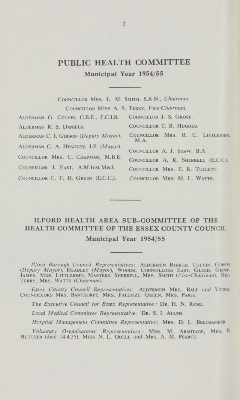 2 PUBLIC HEALTH COMMITTEE Municipal Year 1954/55 Councillor Mrs. L. M. Smith, S.R.N., Chairman. Councillor Miss A. S. Terry, Vice-Chairman. Alderman G. Colvin, C.B.E., F.C.I.S. Councillor J. S. Grose. Alderman R. S. Daniels. Councillor T. B. Hughes. Alderman C. I. Gibson (Deputy Mayor). Councillor Mrs. R. C. Littlejohn, M.A. Alderman C. A. Headley, J.P. (Mayor). Councillor A. J. Shaw, B.A. Councillor Mrs. C. Chapman, M.B.E. Councillor A. R. Sherrell (E.C.C.). Councillor J. East, A.M.Inst.Mech. Councillor Mrs. E. R. Tullett. Councillor C. F. H. Green (E.C.C.). Councillor Mrs. M. L. Watts. ILFORD HEALTH AREA SUB-COMMITTEE OF THE HEALTH COMMITTEE OF THE ESSEX COUNTY COUNCIL Municipal Year 1954/55 Ilford Borough Council Representatives'. Aldermen Barker, Colvin, Gibson (Deputy Mayor), Headley (Mayor), Woods; Councillors East, Gleed, Grose, James, Mrs. Littlejohn, Masters, Sherrell, Mrs. Smith (Vice-Chairman), Miss Terry, Mrs. Watts (Chairman). Essex County Council Representatives: Aldermen Mrs. Ball and Young; Councillors Mrs. Banthorpe, Mrs. Fallaize, Green, Mrs, Paige. The Executive Council for Essex Representative : Dr. H. N. Rose. Local Medical Committee Representative: Dr. S. J. Allen. Hospital Management Committee Representative: Mrs. D. L. Belchambef. Voluntary Organisations' Representatives: Mrs. M. Armitage, Mrs. B. Butcher (died 14.4.55), Miss N. L. Odell and Mrs. A. M. Pearce.