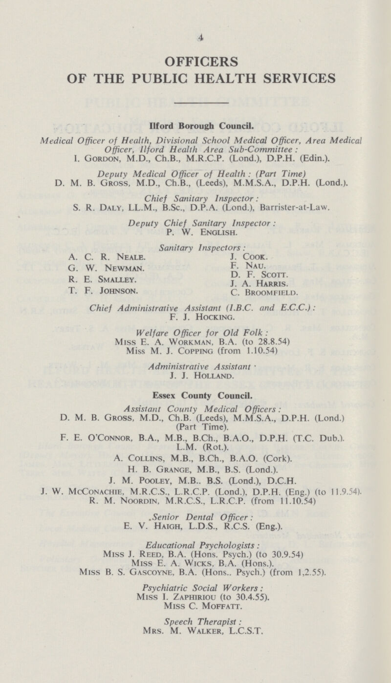 4 OFFICERS OF THE PUBLIC HEALTH SERVICES Ilford Borough Council. Medical Officer of Health, Divisional School Medical Officer, Area Medical Officer, Ilford Health Area Sub-Committee : I. Gordon, M.D., Ch.B., M.R.C.P. (Lond.), D.P.H. (Edin.). Deputy Medical Officer of Health: (Part Time) D. M. B. Gross, M.D., Ch.B., (Leeds). M.M.S.A., D.P.H. (Lond.). Chief Sanitary Inspector: S. R. Daly, LL.M., B.Sc., D.P.A. (Lond.), Barrister-at-Law. Deputy Chief Sanitary Inspector: P. W. English. Sanitary Inspectors: A. C. R. Neale. J. Cook. G. W. Newman. F. Nau. R. E. Smallev. D.E.Scott. T. F. Johnson. C. Broomfield. Chief Administrative Assistant (I.B.C. and E.C.C.): F. J. Hocking. Welfare Officer for Old Folk : Miss E. A. Workman, B.A. (to 28.8.54) Miss M. J. Copping (from 1.10.54) Administrative Assistant. J. J. Holland. Essex County Council. Assistant County Medical Officers: D. M. B. Gross, M.D., Ch.B. (Leeds), M.M.S.A., D.P.H. (Lond.) (Part Time). F. E. O'Connor, B.A., M B., B.Ch., B.A.O., D.P.H. (T.C. Dub.). L.M. (Rot.). A. Collins, M.B., B.Ch., B.A.O. (Cork). H. B. Grange, M.B., B.S. (Lond.). J. M. Pooley, M.B.. B.S. (Lond.), D.C.H. J. W. McConachie, M.R.C.S., L.R.C.P. (Lond.), D.P.H. (Eng.) (to 11.9.54). R. M. Noordin, M.R.C.S., L.R.C.P. (from 11.10.54) .Senior Dental Officer: E. V. Haigh, L.D.S., R.C.S. (Eng.). Educational Psychologists : Miss J. Reed, B.A. (Hons. Psych.) (to 30.9.54) Miss E. A. Wicks, B.A. (Hons.). Miss B. S. Gascoyne, B.A. (Hons.. Psych.) (from 1,2.55). Psychiatric Social Workers : Miss I. Zaphiriou (to 30.4.55). Miss C. Moffatt. Speech Therapist: Mrs. M. Walker, L.C.S.T.