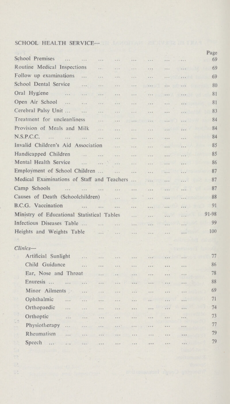 SCHOOL HEALTH SERVICE— Page School Premises 69 Routine Medical Inspections 69 Follow up examinations 69 School Dental Service 80 Oral Hygiene 81 Open Air School 81 Cerebral Palsy Unit 83 Treatment for uncleanliness 84 Provision of Meals and Milk 84 N.S.P.C.C 84 Invalid Children's Aid Association 85 Handicapped Children 85 Mental Health Service 86 Employment of School Children 87 Medical Examinations of Staff and Teachers 87 Camp Schools 87 Causes of Death (Schoolchildren) 88 B.C.G. Vaccination 91 Ministry of Educational Statistical Tables 91-98 Infectious Diseases Table Heights and Weights Table 100 Clinics— Artificial Sunlight Child Guidance 86 Ear, Nose and Throat 78 Enuresis 88 Minor Ailments Ophthalmic 71 Orthopaedic 74 Orthoptic 73 Physiotherapy 77 Rheumatism 79 Speech 79