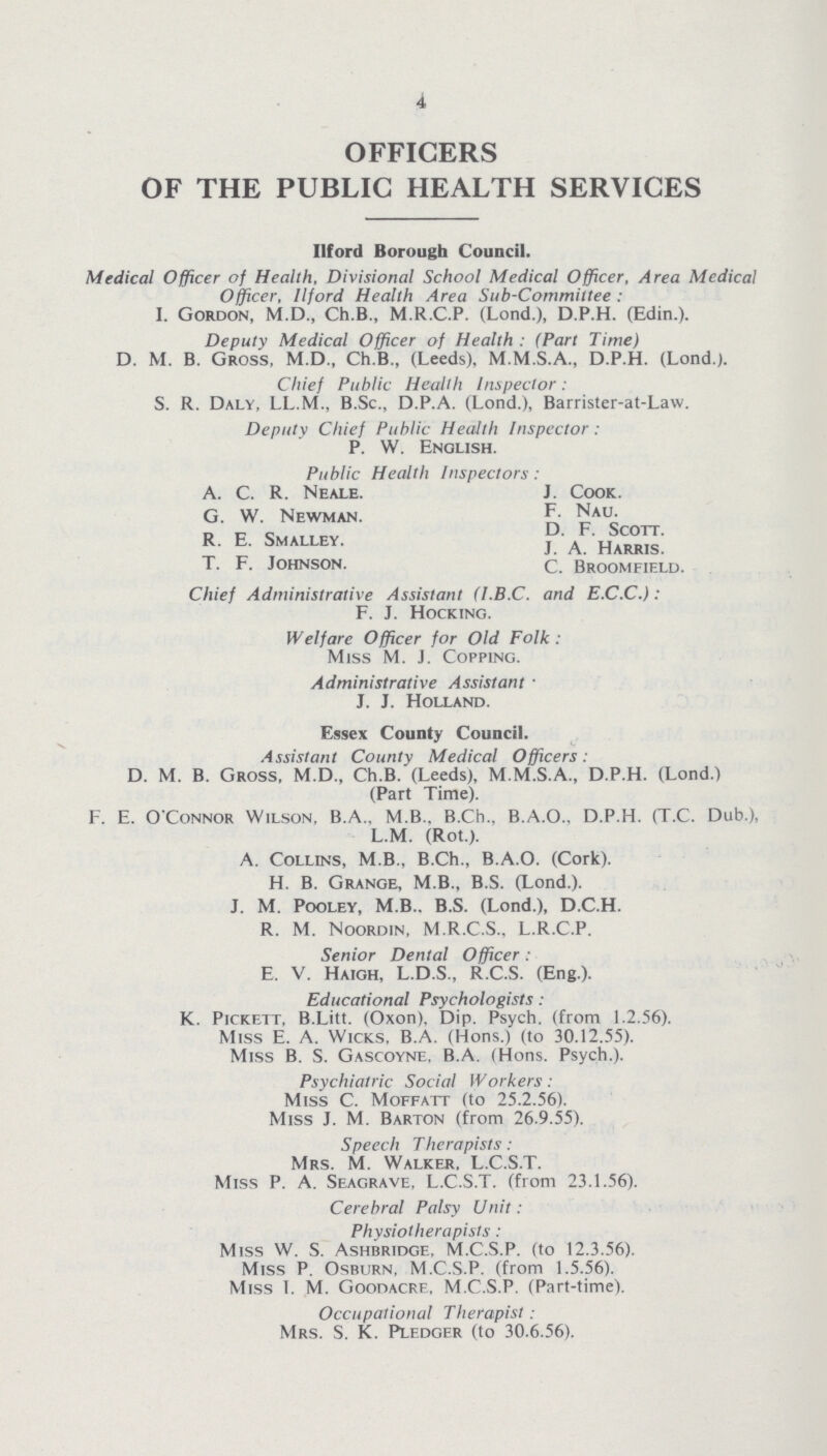 4 OFFICERS OF THE PUBLIC HEALTH SERVICES Ilford Borough Council. Medical Officer of Health, Divisional School Medical Officer, Area Medical Officer, Ilford Health Area Sub-Committee: I. Gordon, M.D., Ch.B., M.R.C.P. (Lond.), D.P.H. (Edin.). Deputy Medical Officer of Health : (Part Time) D. M. B. Gross, M.D., Ch.B., (Leeds). M.M.S.A., D.P.H. (Lond.). Chief Public Health Inspector: S. R. Daly, LL.M., B.Sc., D.P.A. (Lond.), Barrister-at-Law. Deputy Chief Public Health Inspector: P. W. English. Public Health Inspectors : A. C. R. Neale. J Cook. G. W. Newman. f. Nau. R. E. Smalley. d. f. scott. T. F. Johnson. C. Broomfield. Chief Administrative Assistant (I.B.C. and E.C.C.): F. J. Hocking. Welfare Officer for Old Folk : Miss M. J. Copping. Administrative Assistant J. J. Holland. Essex County Council. Assistant County Medical Officers: D. M. B. Gross, M.D., Ch.B. (Leeds), M.M.S.A., D.P.H. (Lond.) (Part Time). F. E. O'Connor Wilson, B.A., M.B., B.Ch., B.A.O., D.P.H. (T.C. Dub.), L.M. (Rot.). A. Collins, M.B., B.Ch., B.A.O. (Cork). H. B. Grange, M.B., B.S. (Lond.). J. M. Pooley, M.B.. B.S. (Lond.), D.C.H. R. M. Noordin, M.R.C.S.. L.R.C.P. Senior Dental Officer : e. v. Haigh, L.D.s., r.C.S. (Eng.). Educational Psychologists: K. Pickett, B.Litt. (Oxon). Dip. Psych, (from 1.2.56). Miss E. A. Wicks, B.A. (Hons.) (to 30.12.55). Miss B. S. Gascoyne, B.A. (Hons. Psych.). Psychiatric Social Workers: Miss C. Moffatt (to 25.2.56). Miss J. M. Barton (from 26.9.55). Speech Therapists: Mrs. M. Walker, L.C.S.T. Miss P. A. Seagrave, L.C.S.T. (from 23.1.56). Cerebral Palsy Unit: Physiotherapists : Miss W. S. Ashbridgf.. M.C.S.P. (to 12.3.56). Miss P. Osburn, M.C.S.P. (from 1.5.56). Miss I. M. Goodacre, M.C.S.P. (Part-time). Occupational Therapist. Mrs. S. K. Pledger (to 30.6.56).