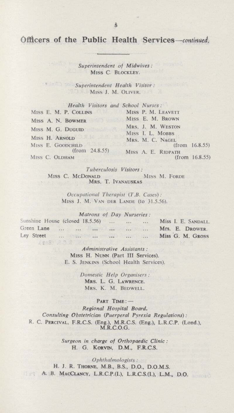 5 Officers of the Public Health Services— continued. Superintendent of Midwives: Miss c Blockley. Superintendent Health Visitor: Miss J. M. Oliver. Health Visitors and School Nurses: Miss E. M. P. Collins Miss A. N. Bowmer Miss M. G. Duguid Miss H. Arnold Miss E. Goodchild (from 24.8.55) Miss C. Oldham Miss P. M. Leavett Miss E. M. Brown Mrs. J. M. Weston Miss I. L. Mobbs Mrs. M. C. Nagel (from 16.8.55) Miss A. E. Ridpath (from 16.8.55) Tuberculosis Visitors: Miss C. McDonald Miss M. Forde Mrs. T. Ivanauskas Occupational Therapist (T.B. Cases): Miss J. M. Van der Lande (to 31.5.56). Matrons of Day Nurseries: Sunshine House (closed 18.5.56) Miss I. E. Sandall. Green Lane Mrs. E. Drower. Ley Street Miss G. M. Gross Administrative Assistants: Miss H. Nunn (Part III Services). E. S. Jenkins (School Health Services). Domestic Help Organisers : Mrs. L. G. Lawrence. Mrs. K. M. Bedwell. Part Time: — Regional Hospital Board. Consulting Obstetrician (Puerperal Pyrexia Regulations): R. C. Percival, F.R.C.S. (Eng.), M.R.C.S. (Eng.), L.R.C.P. (Lond.), M.R.C.O.G. Surgeon in charge of Orthopaedic Clinic : H. G. Korvin, DM., F.R.C.S. Ophthalmologists: H. J. R. Thorne, M B., B.S., D O., D.O.M.S. A. B. MacClancy, L.R.C.P.(L), L.R.C.S.(L), L.M., D.O.
